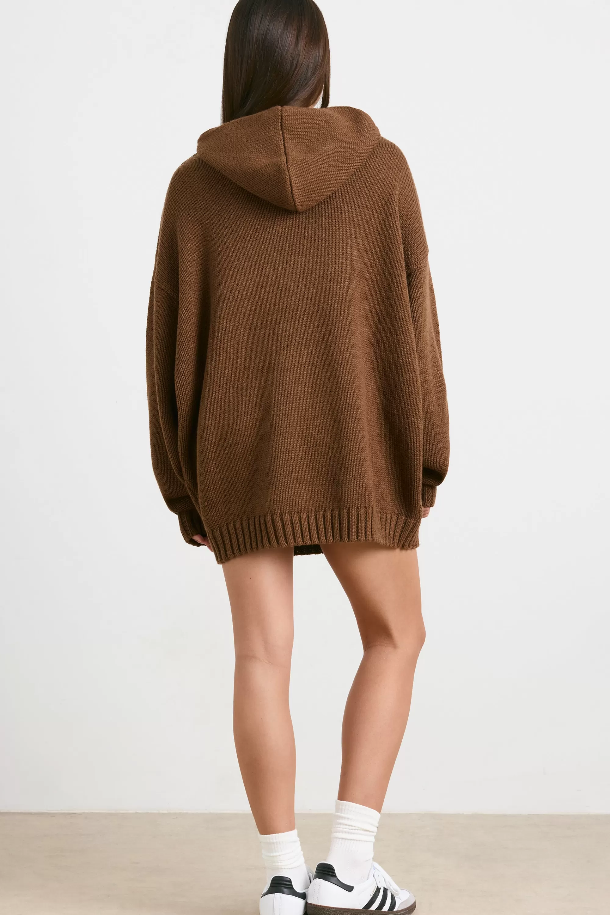 Oh Polly Oversized Chunky Knit Hoodie In Espresso Store