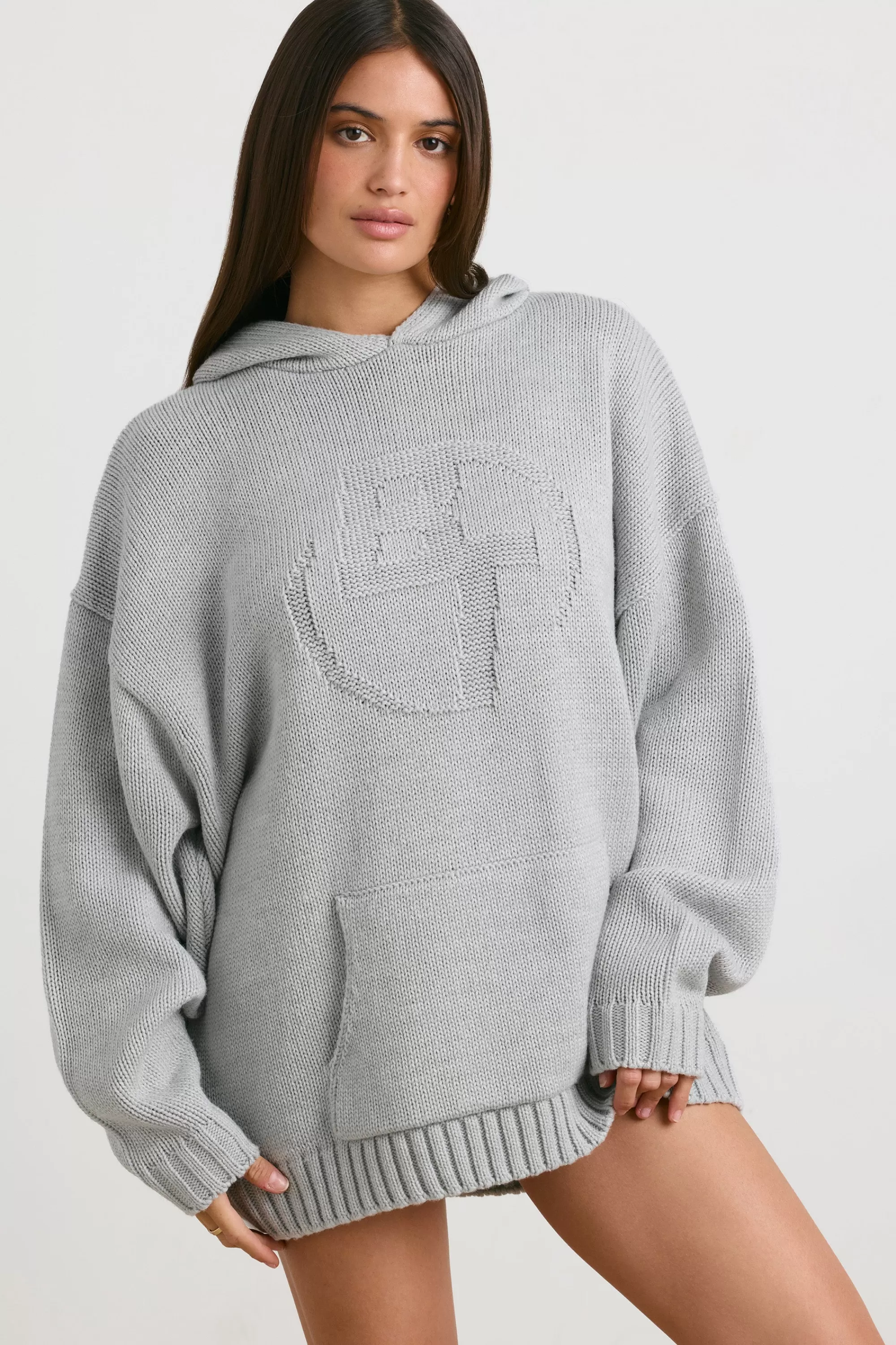 Oh Polly Oversized Chunky Knit Hoodie In Heather Grey Outlet