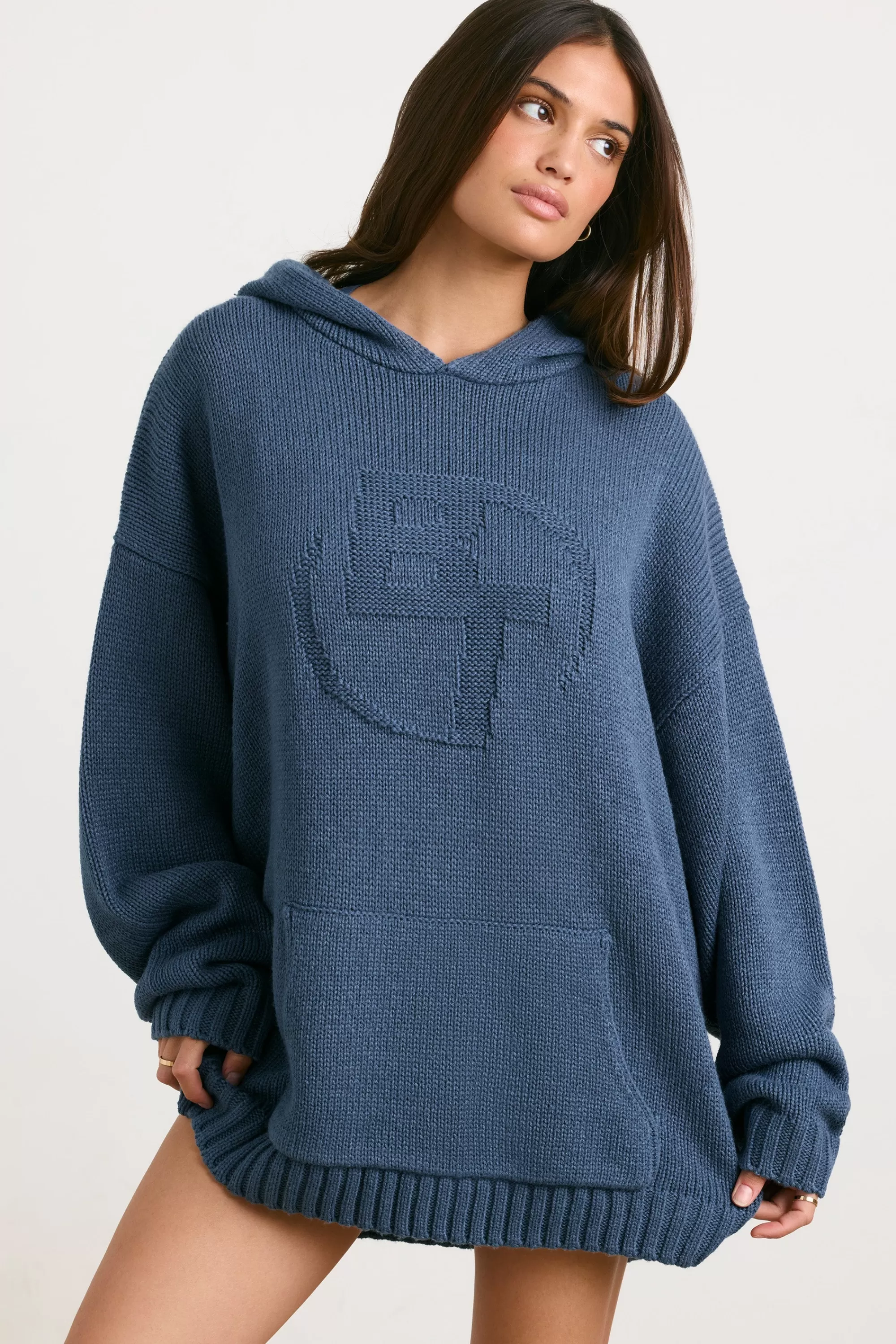 Oh Polly Oversized Chunky Knit Hoodie In Washed Navy Shop