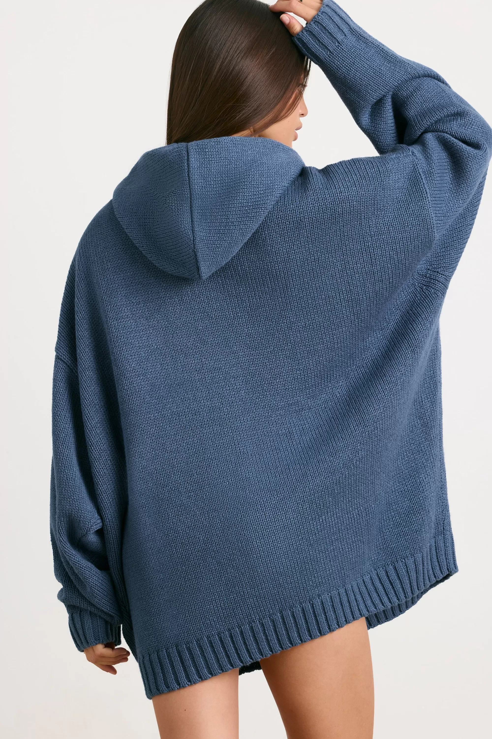 Oh Polly Oversized Chunky Knit Hoodie In Washed Navy Shop