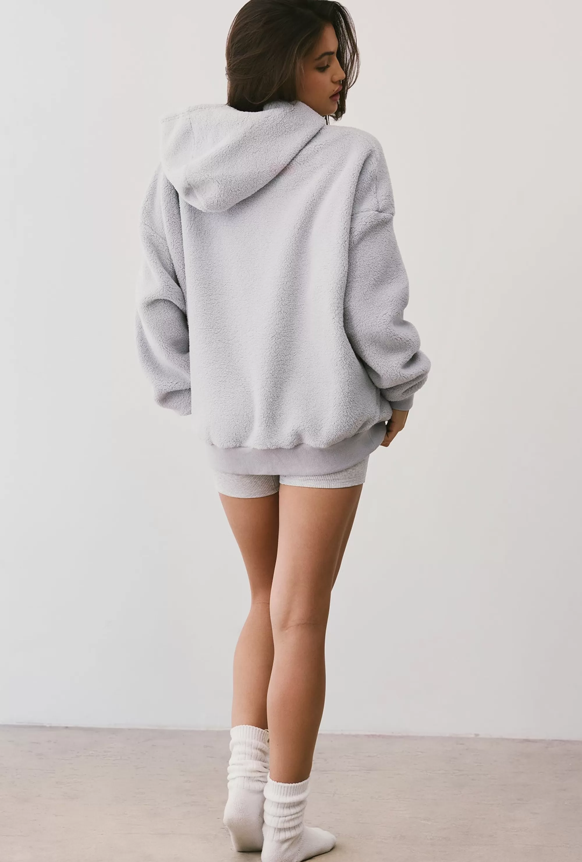 Oh Polly Oversized Fleece Hooded Sweatshirt In Fog Discount