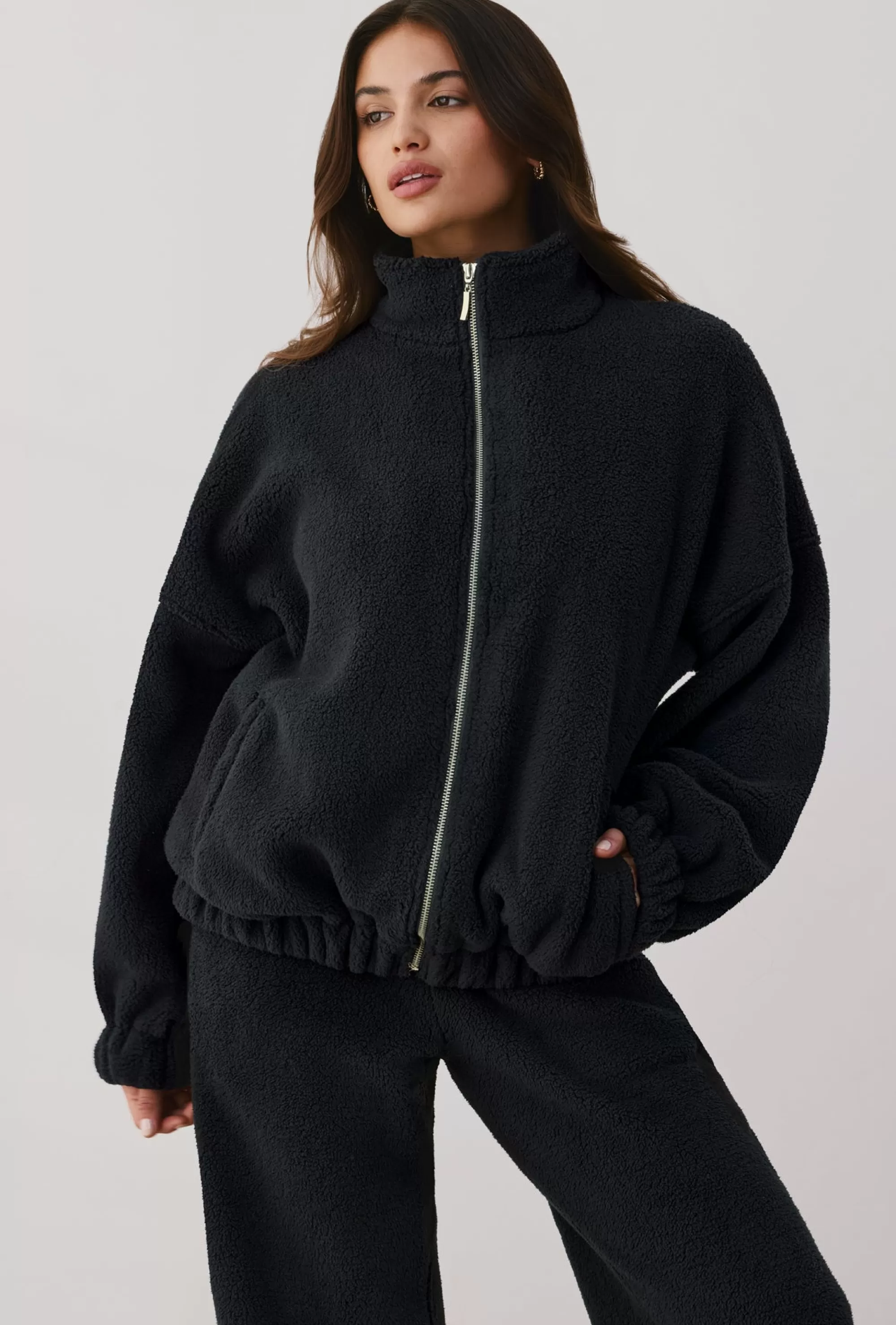 Oh Polly Oversized Fleece Zip Up Jacket In Onyx Shop