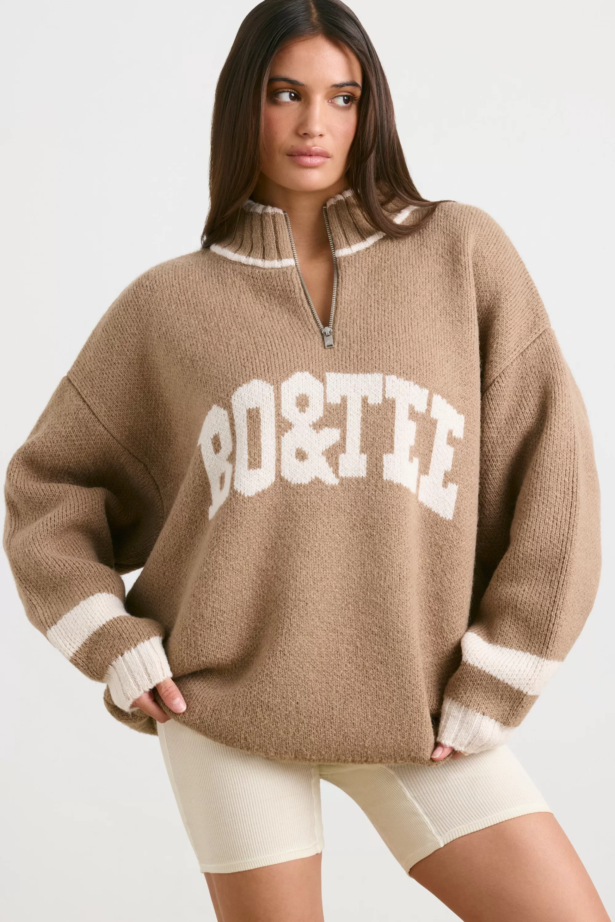 Oh Polly Oversized Quarter-Zip Chunky-Knit Jumper In Espresso Cheap