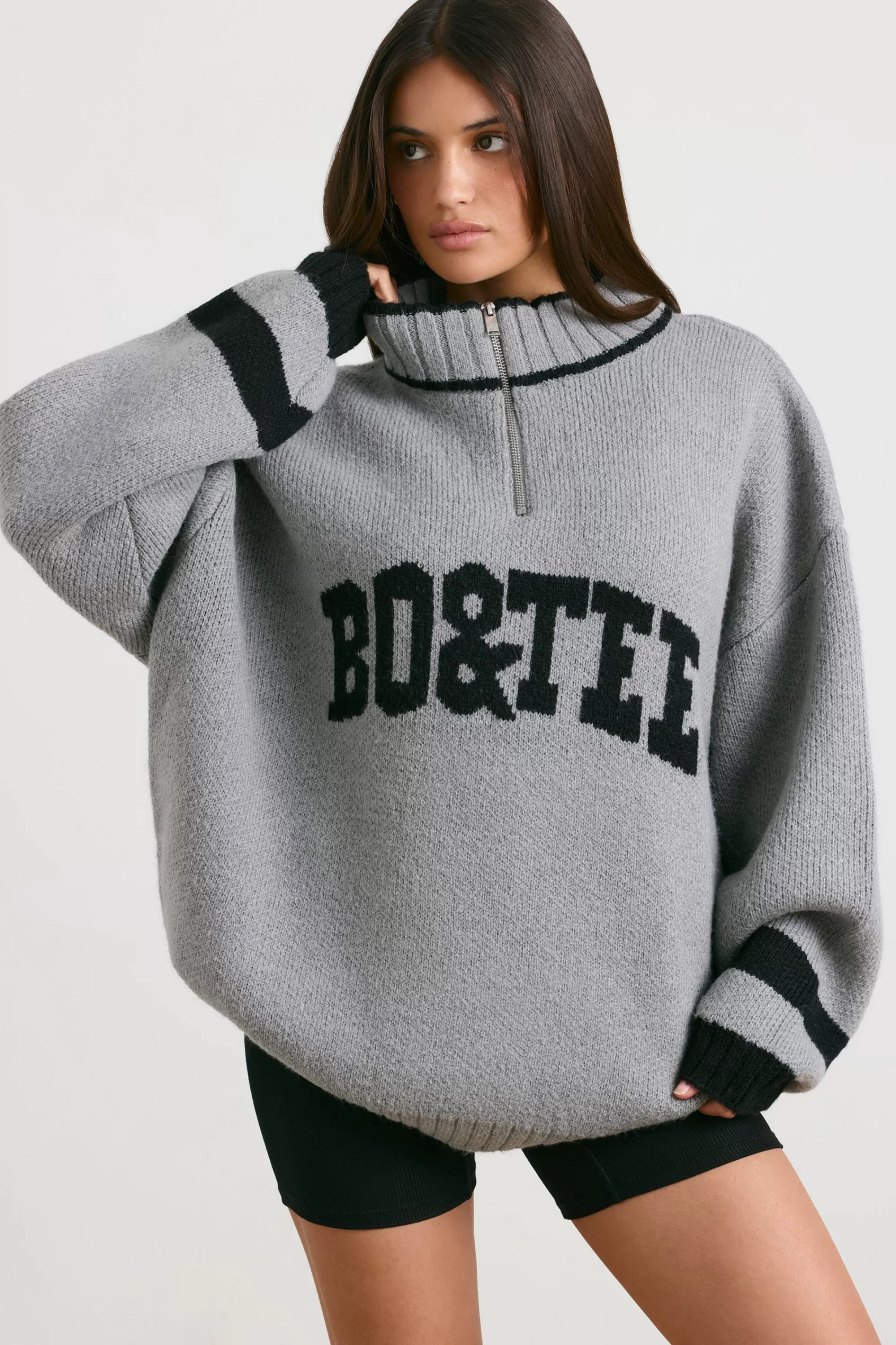 Oh Polly Oversized Quarter-Zip Chunky-Knit Jumper In Heather Grey Clearance