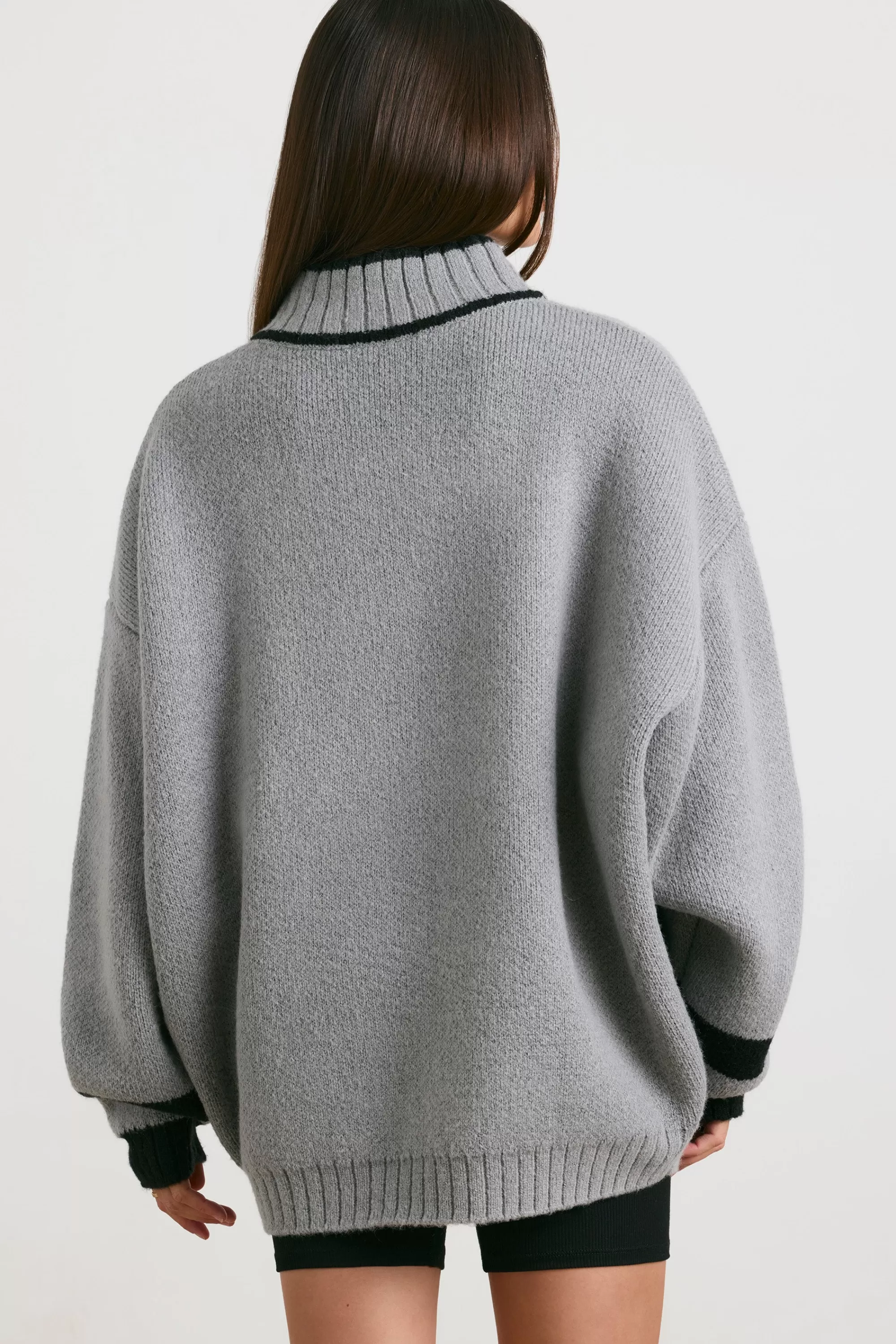 Oh Polly Oversized Quarter-Zip Chunky-Knit Jumper In Heather Grey Clearance