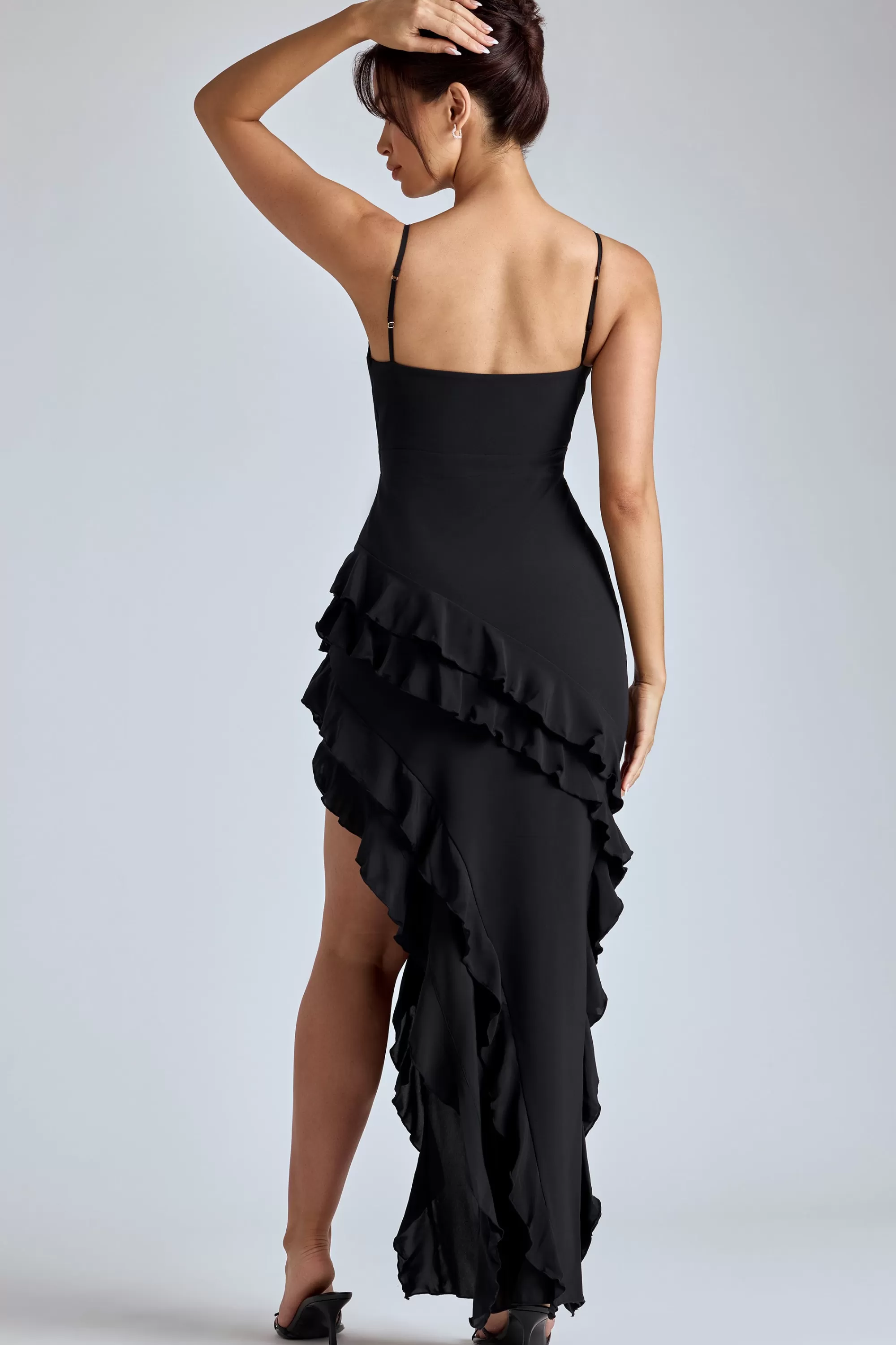 Oh Polly Panelled Ruffle Evening Gown In Black Cheap