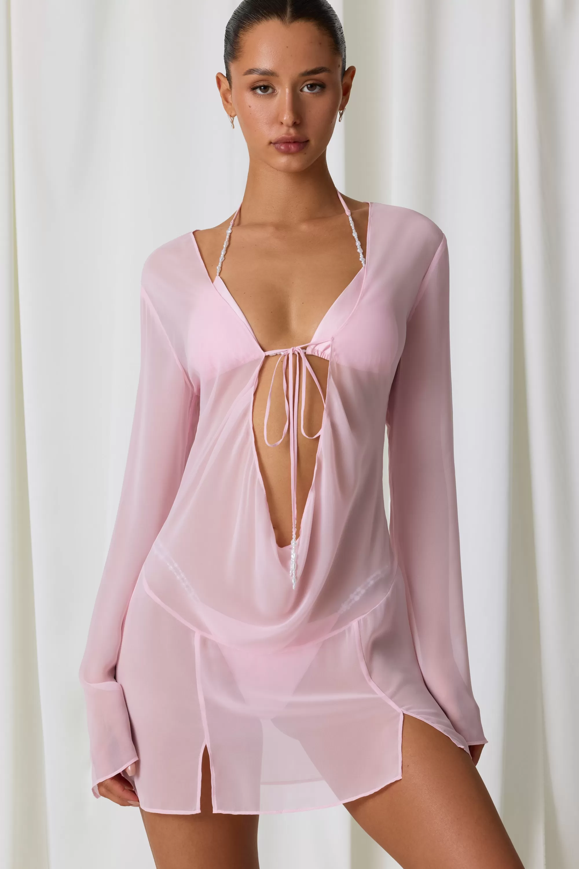 Oh Polly Pearl-Detail Cowl-Neck Micro Mini Dress In Soft Pink Outlet