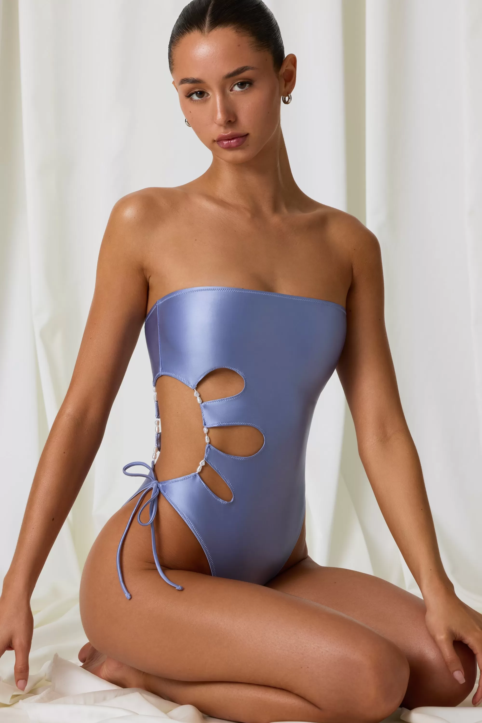 Oh Polly Pearl-Detail Cut-Out Bandeau Swimsuit In Lavender Purple Best