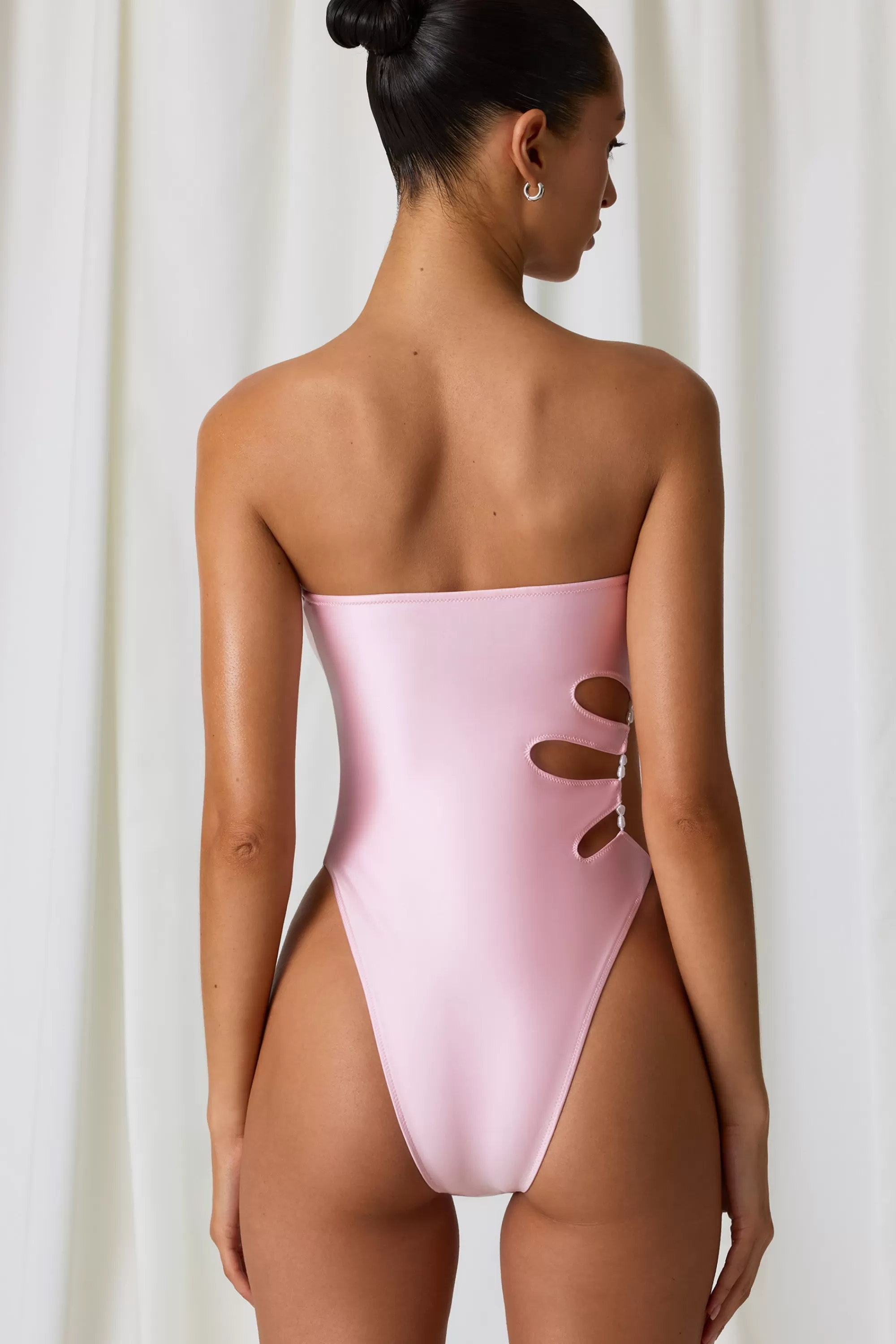 Oh Polly Pearl-Detail Cut-Out Bandeau Swimsuit In Soft Pink Discount