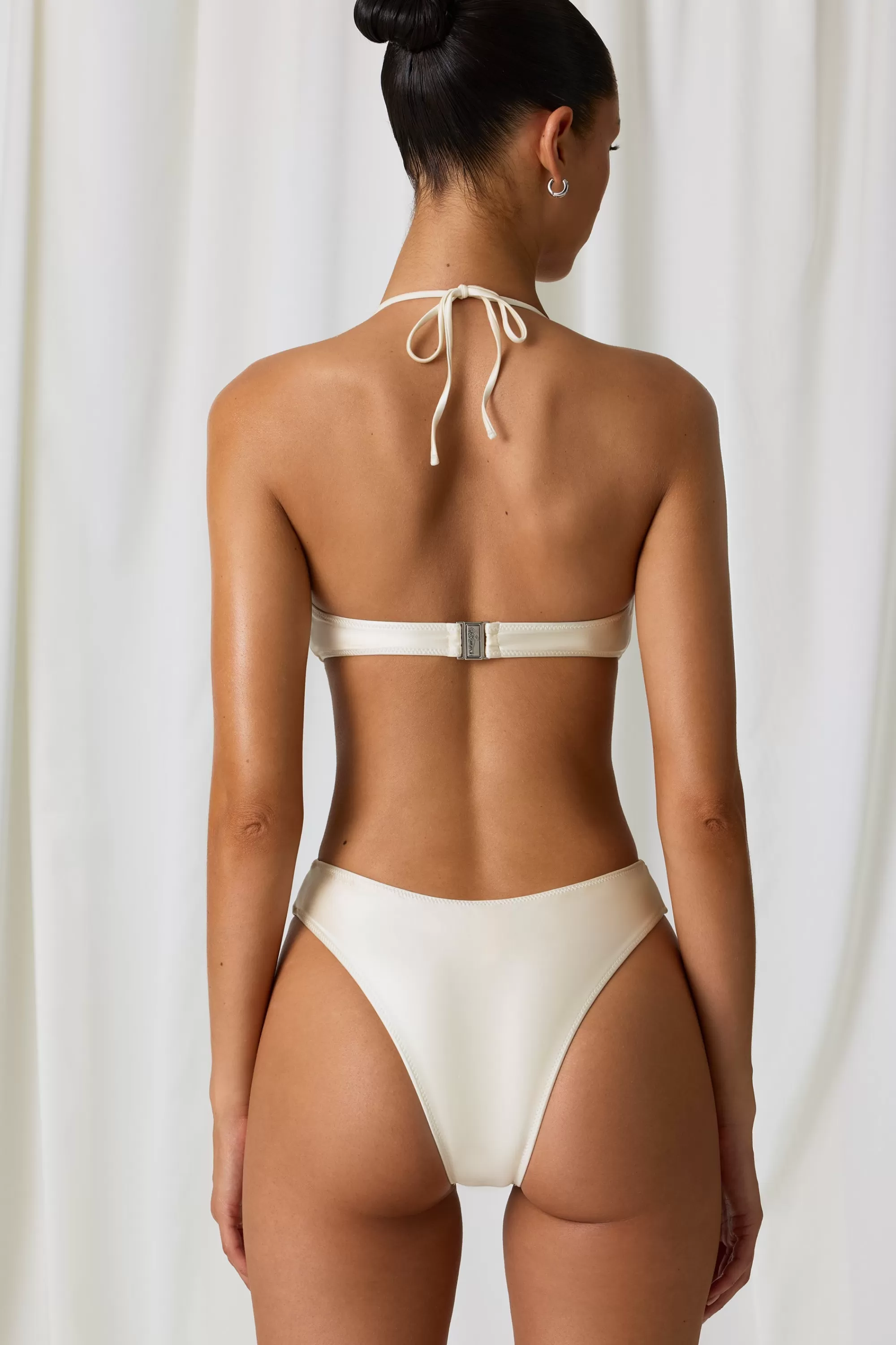 Oh Polly Pearl-Detail Cut-Out Halterneck Swimsuit In Pearl White Best