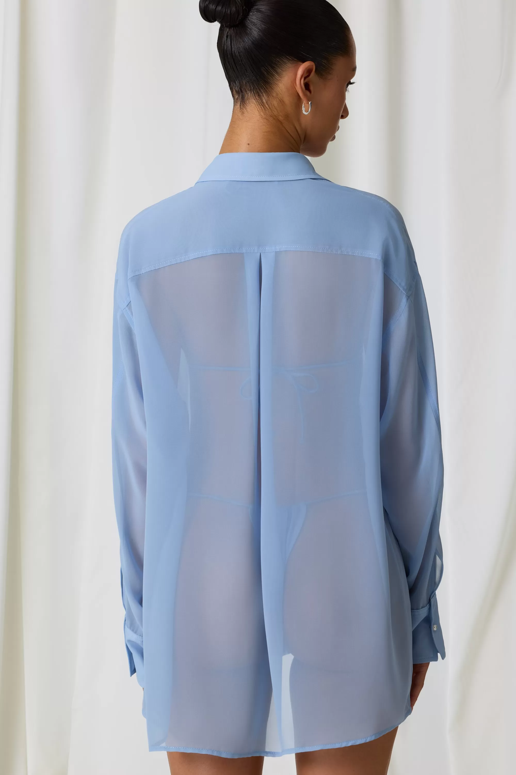 Oh Polly Pearl-Detail Oversized Shirt In Sky Blue Flash Sale