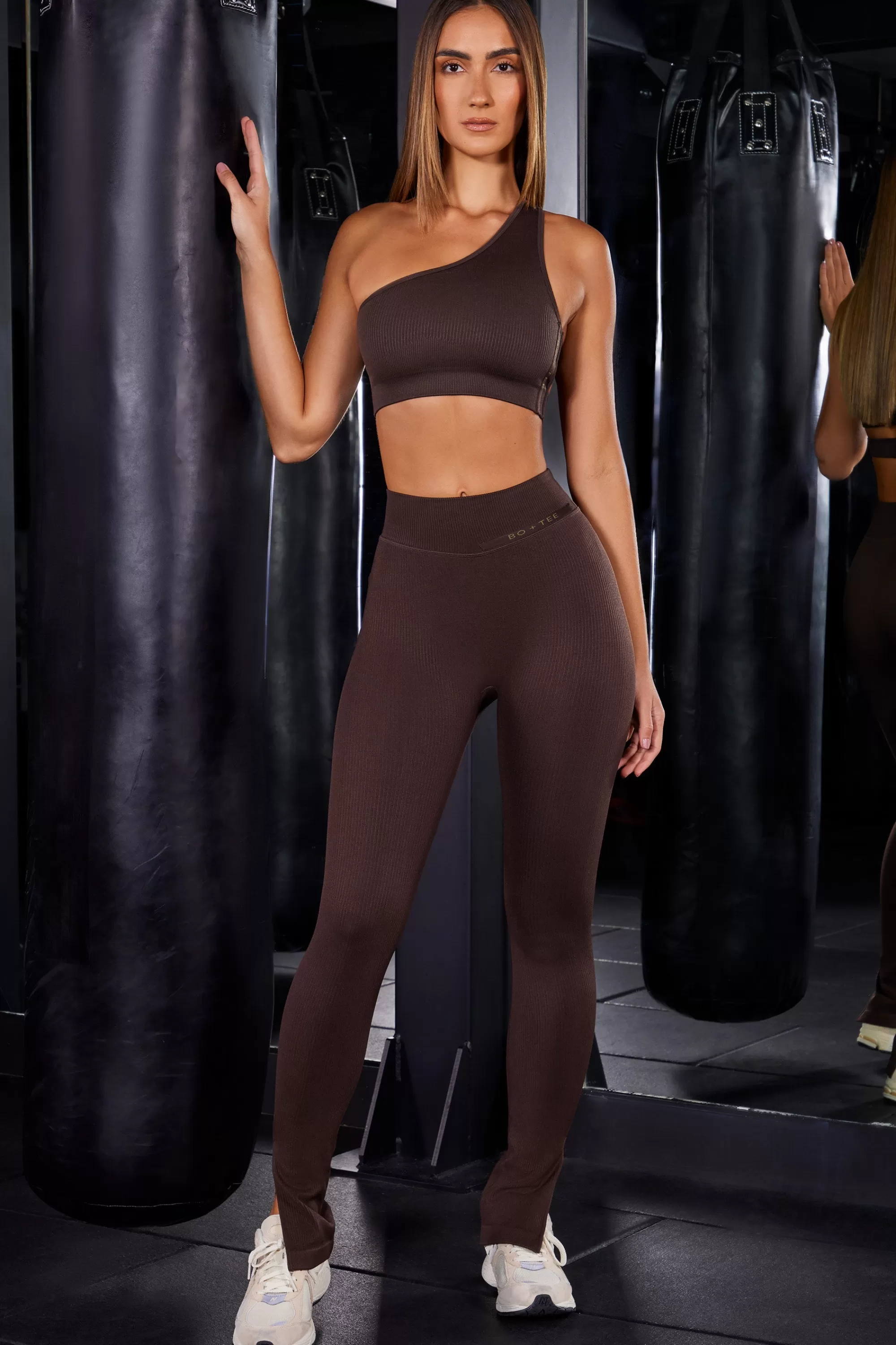 Oh Polly Petite High Waist Split Flare Ribbed Leggings In Brown Cheap