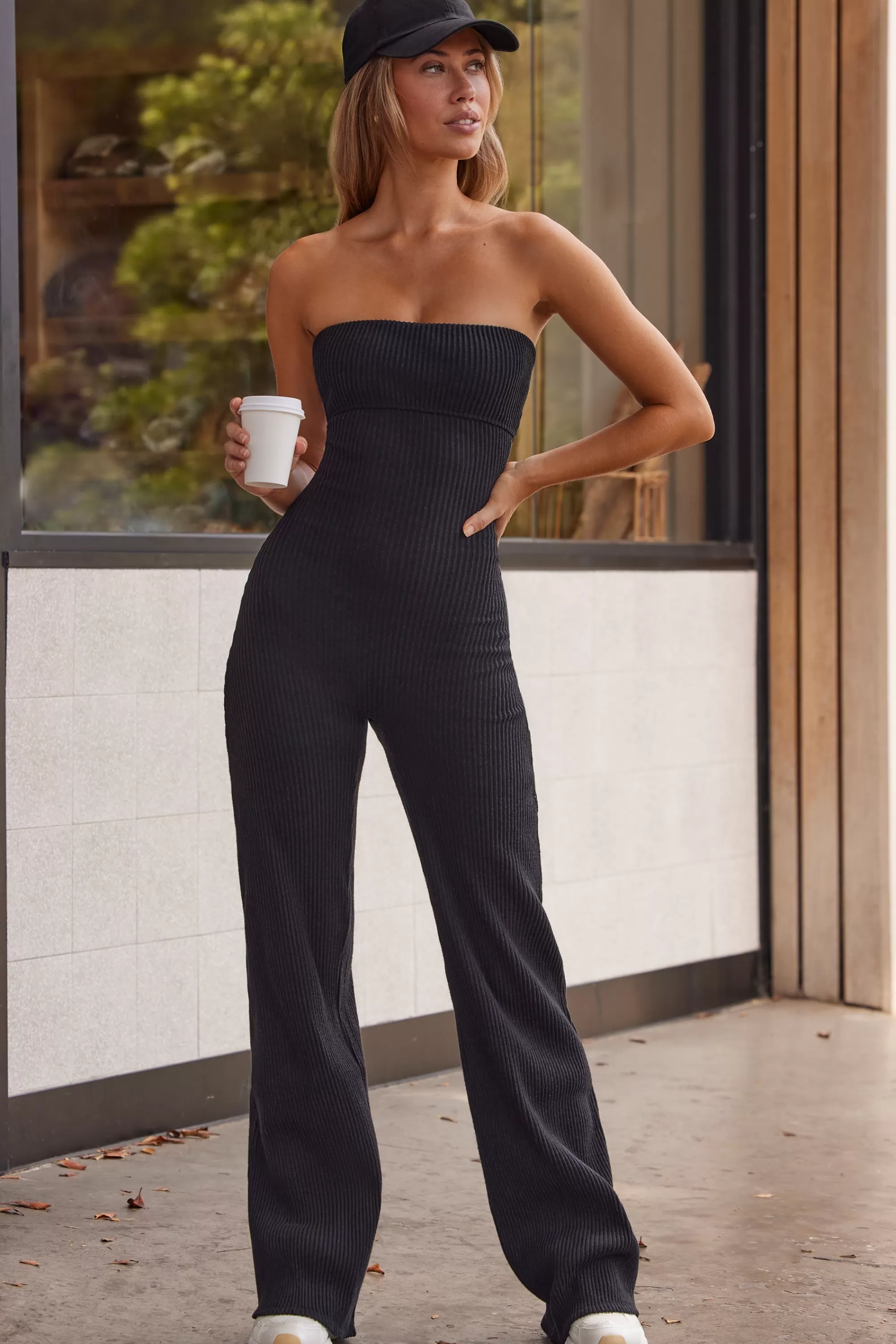 Oh Polly Petite Soft Rib Bandeau Flare Jumpsuit In Black Clearance