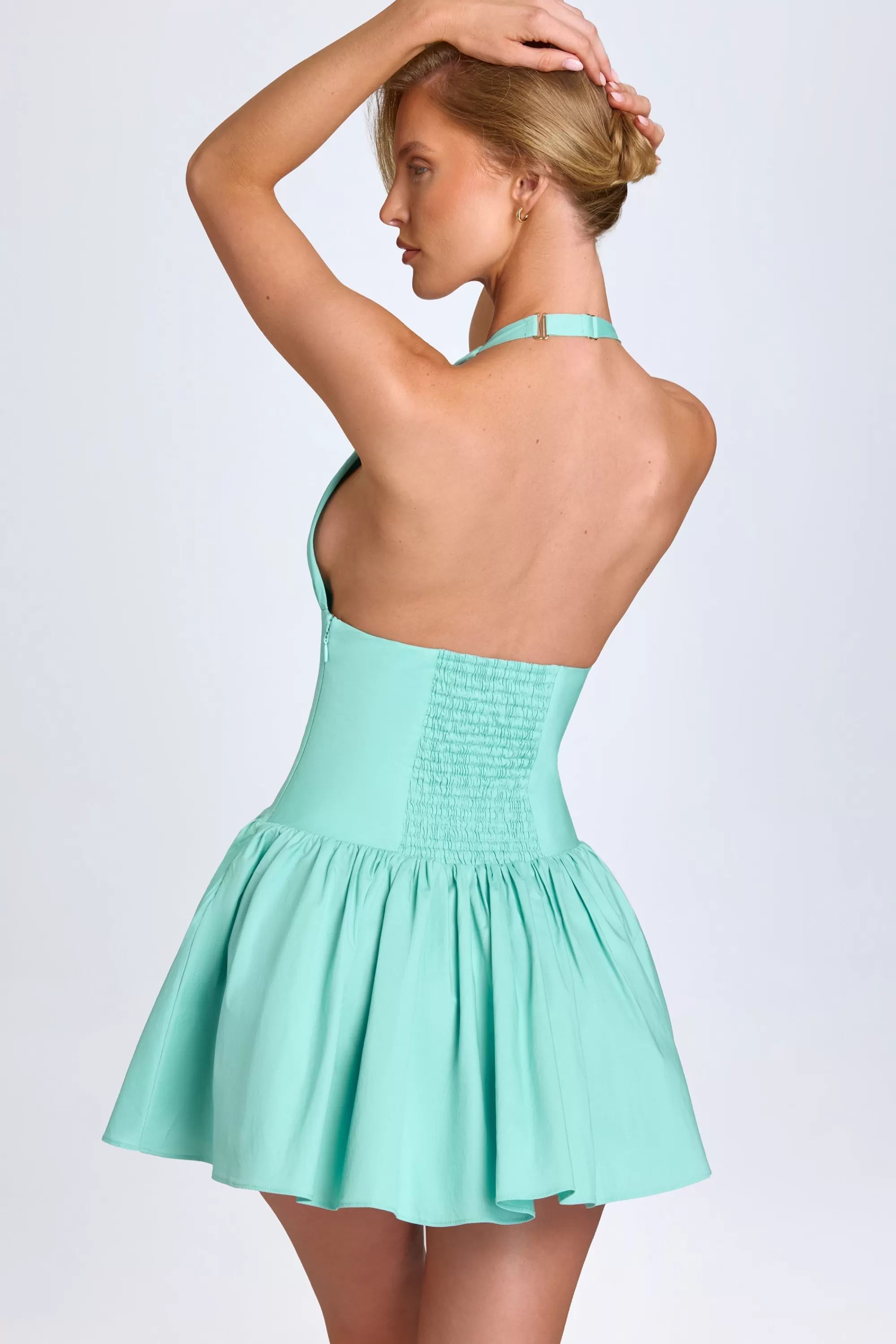 Oh Polly Pintucked Halterneck Mini Dress In Sea Green Store