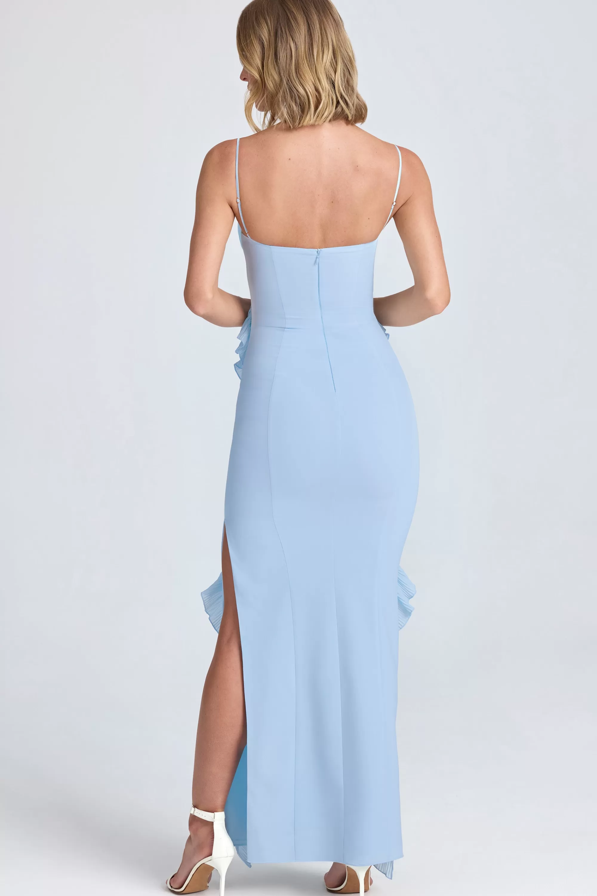 Oh Polly Plissé Ruffle-Trim Maxi Dress In Powder Blue Outlet