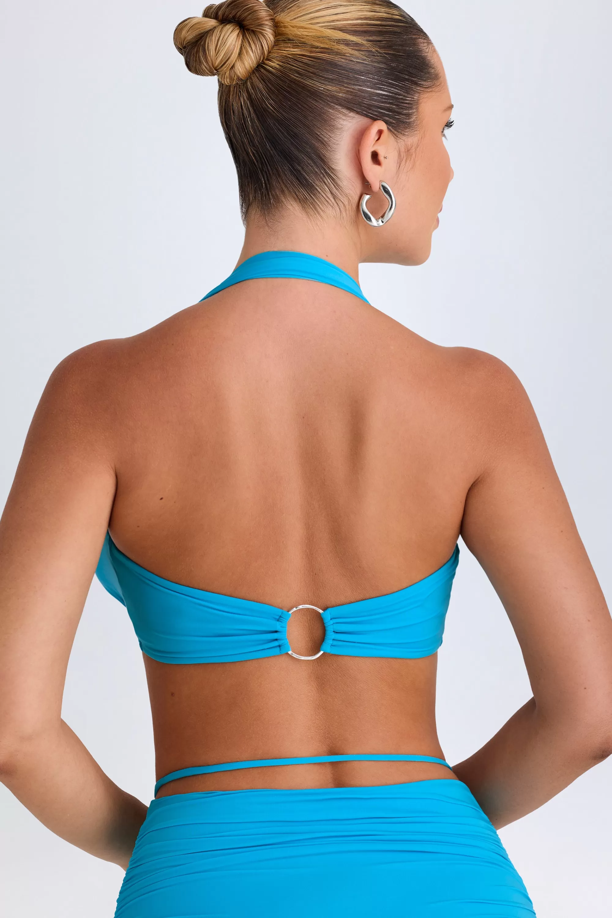 Oh Polly Plunge Hardware-Detail Halterneck Crop Top In Aqua Blue Best Sale