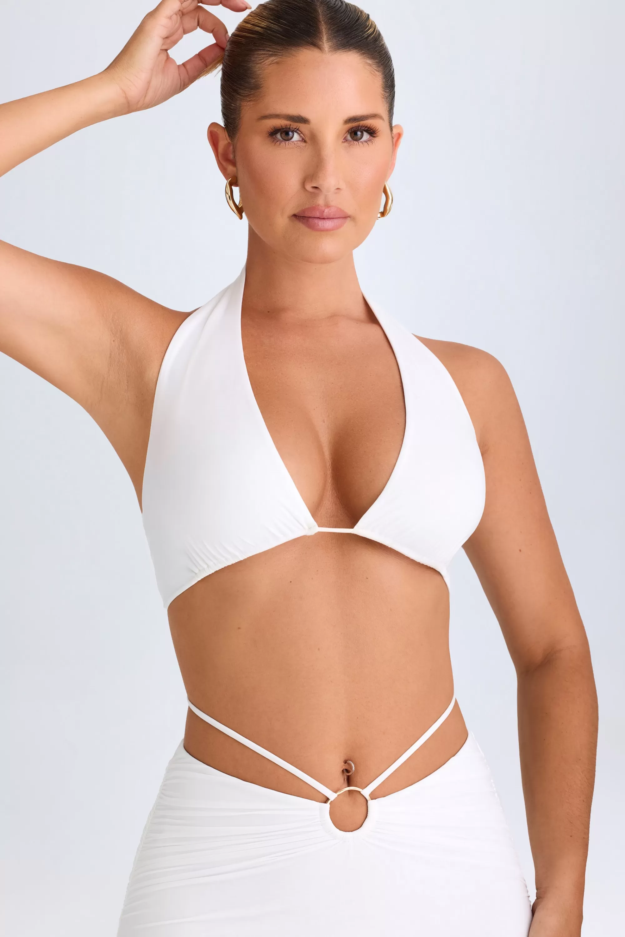 Oh Polly Plunge Hardware-Detail Halterneck Crop Top In White Online