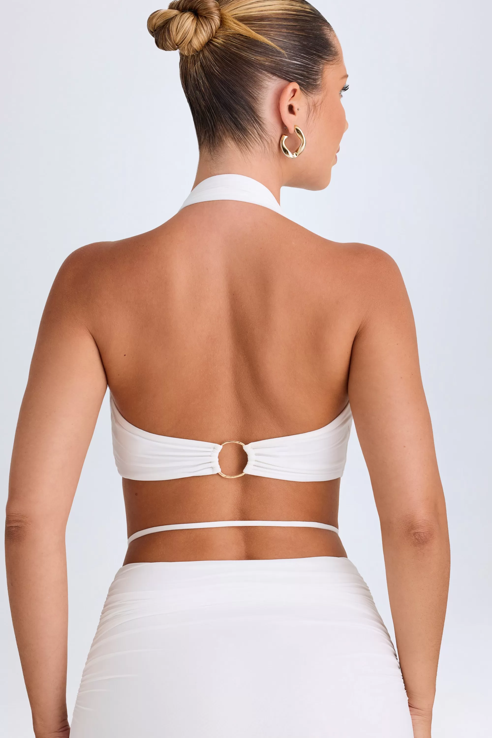 Oh Polly Plunge Hardware-Detail Halterneck Crop Top In White Online