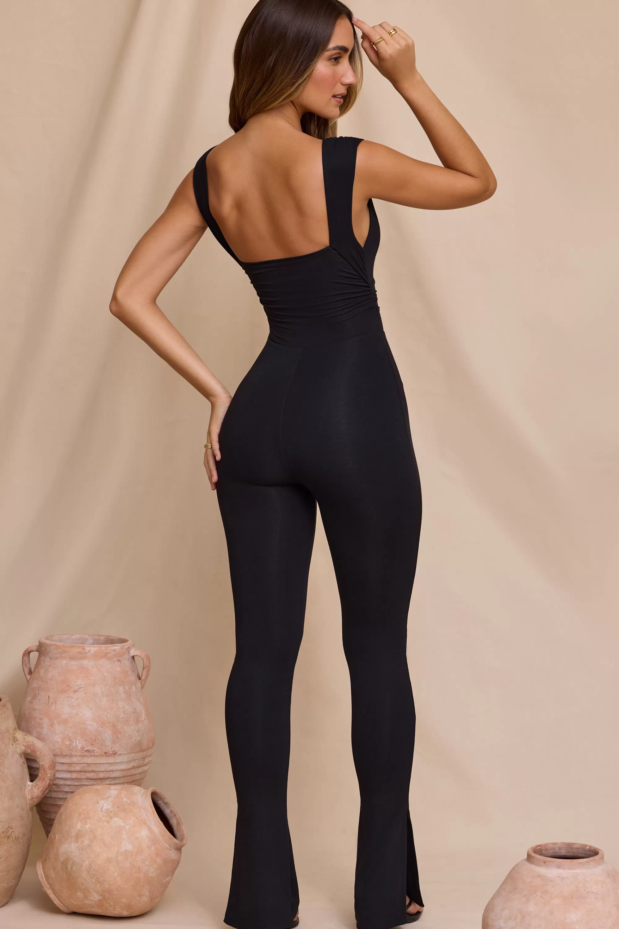 Oh Polly Plunge Neck Ruched Waist Jumpsuit In Black Best