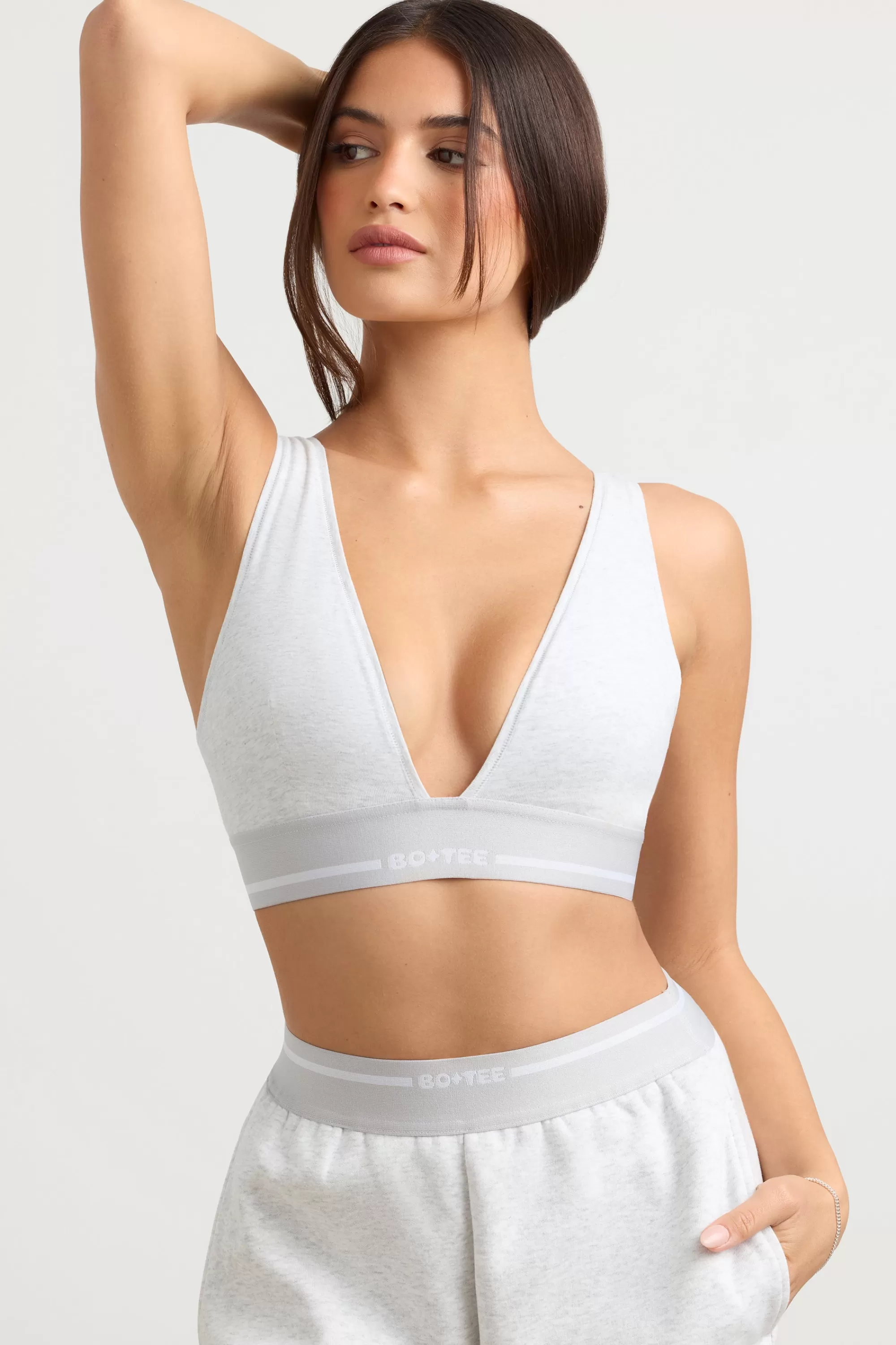 Oh Polly Plunge-Neck Crop Top In Grey Marl Hot