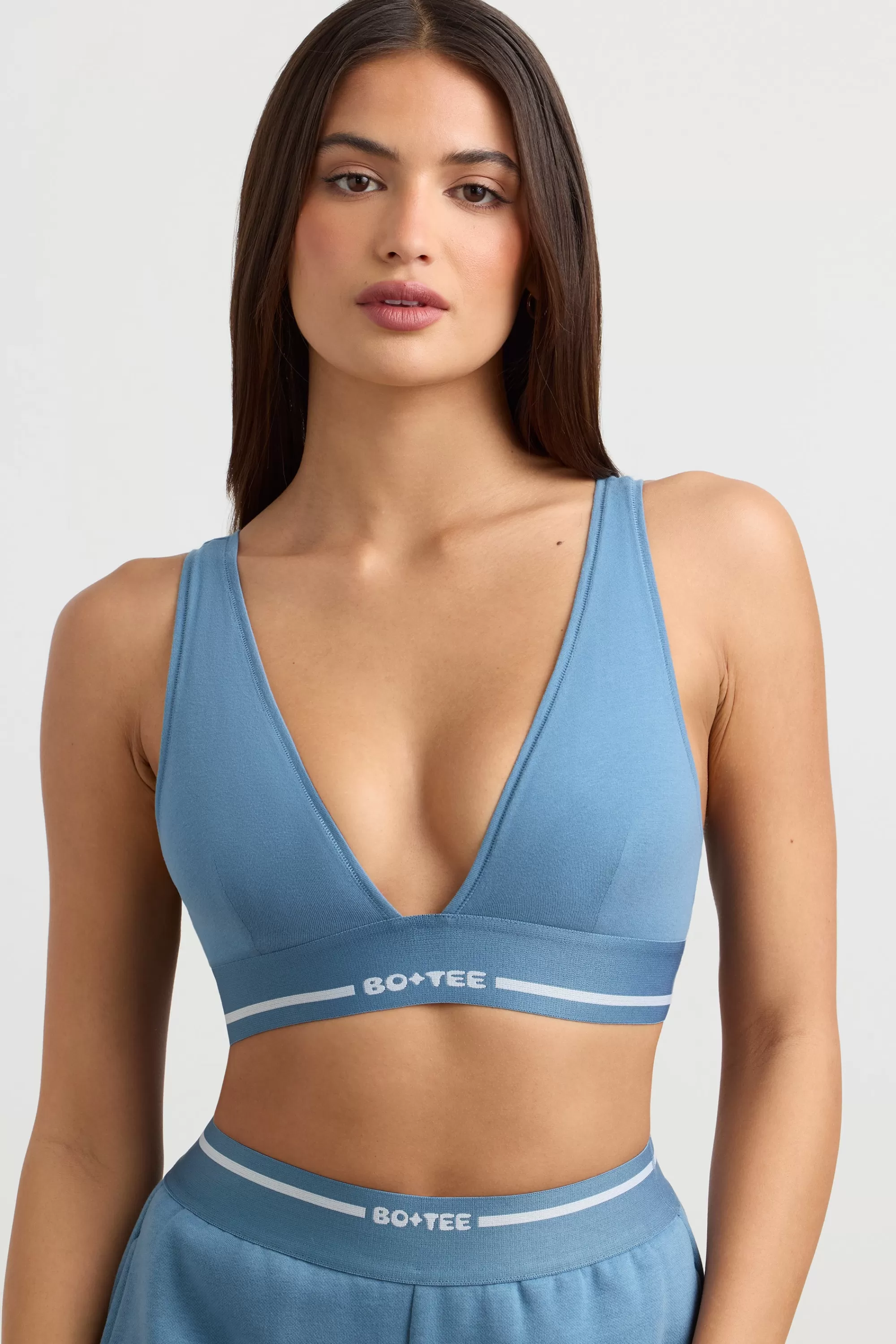 Oh Polly Plunge-Neck Crop Top In Steel Blue New