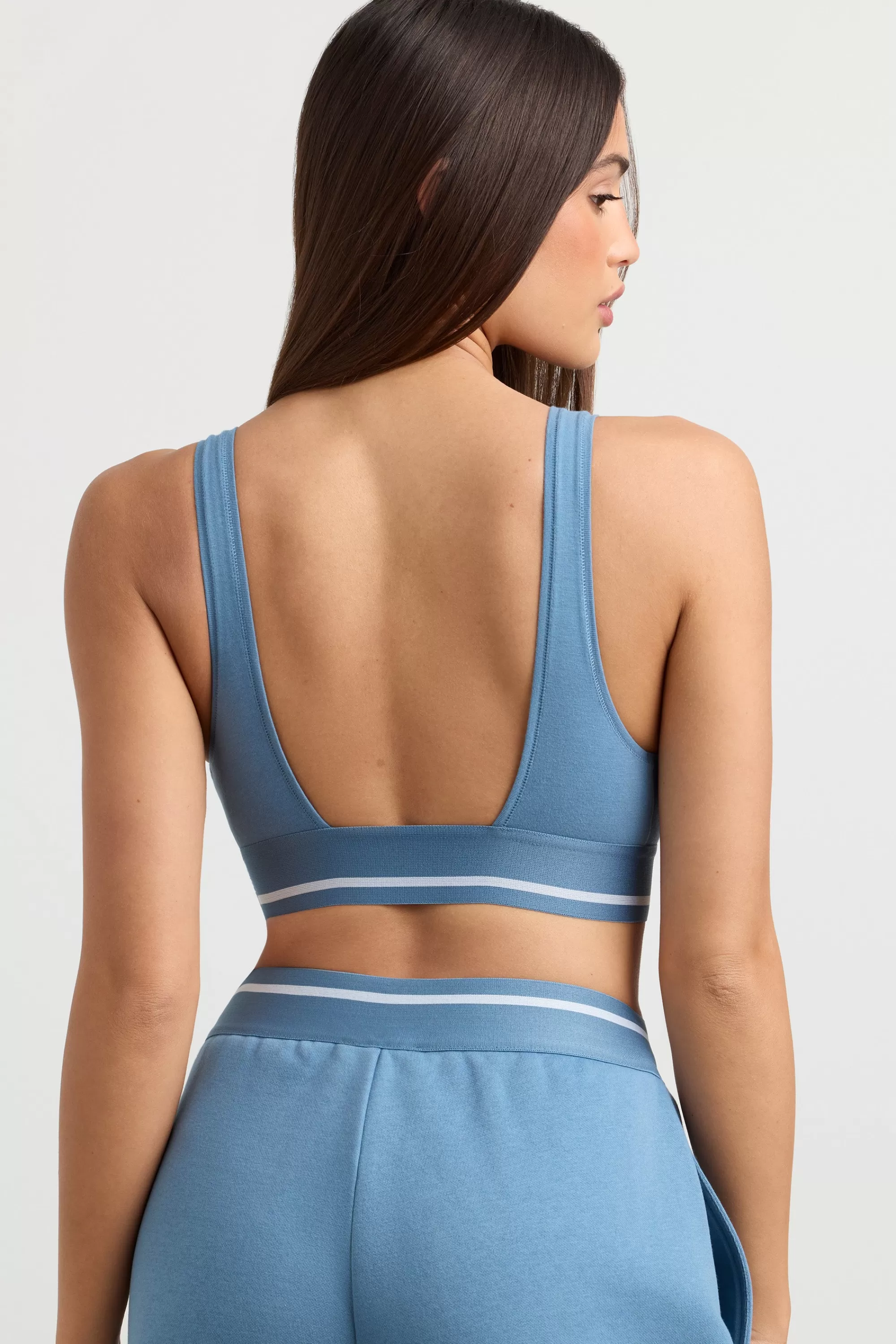 Oh Polly Plunge-Neck Crop Top In Steel Blue New