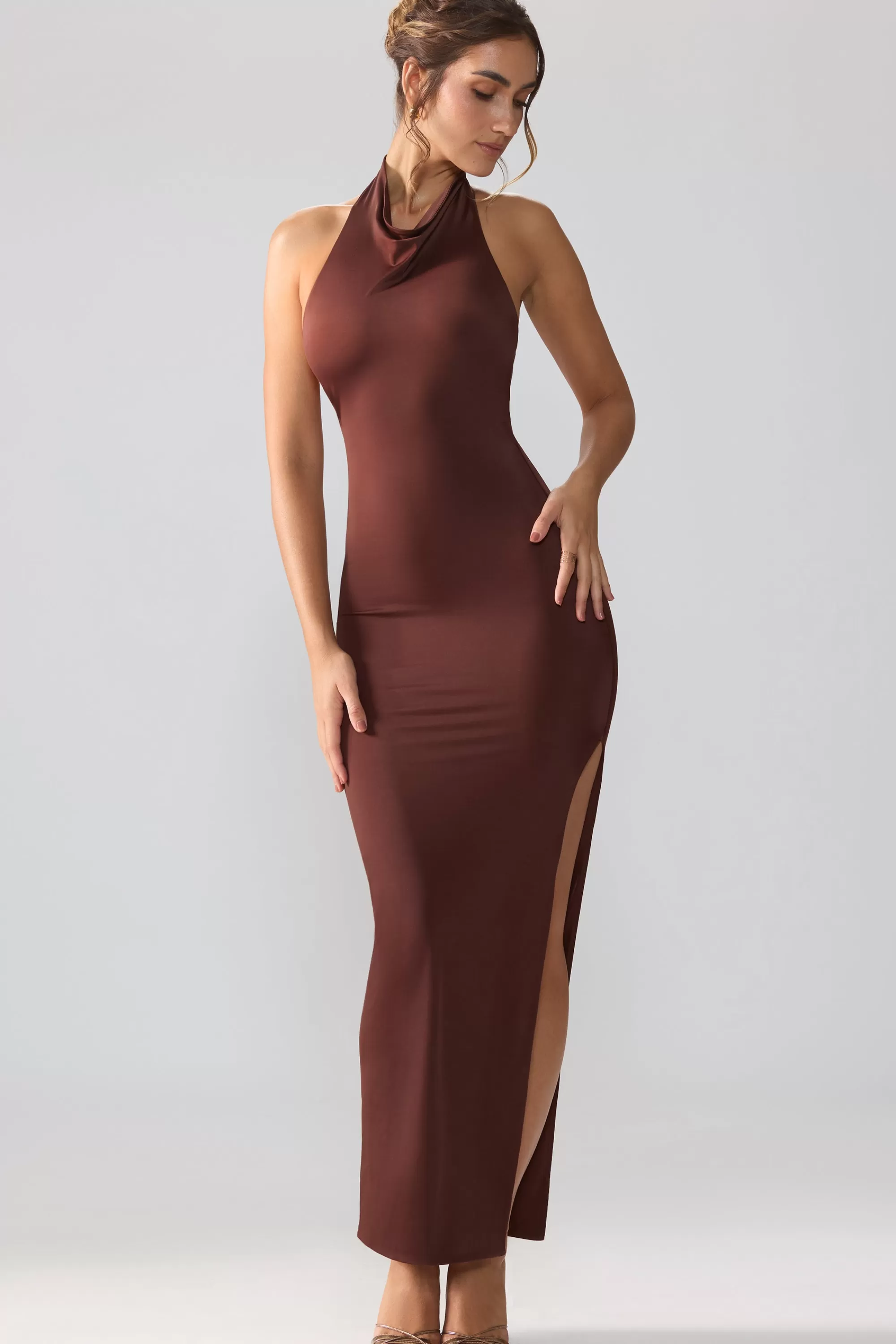 Oh Polly Premium Jersey Cowl Neck Backless Maxi Dress In Espresso Online