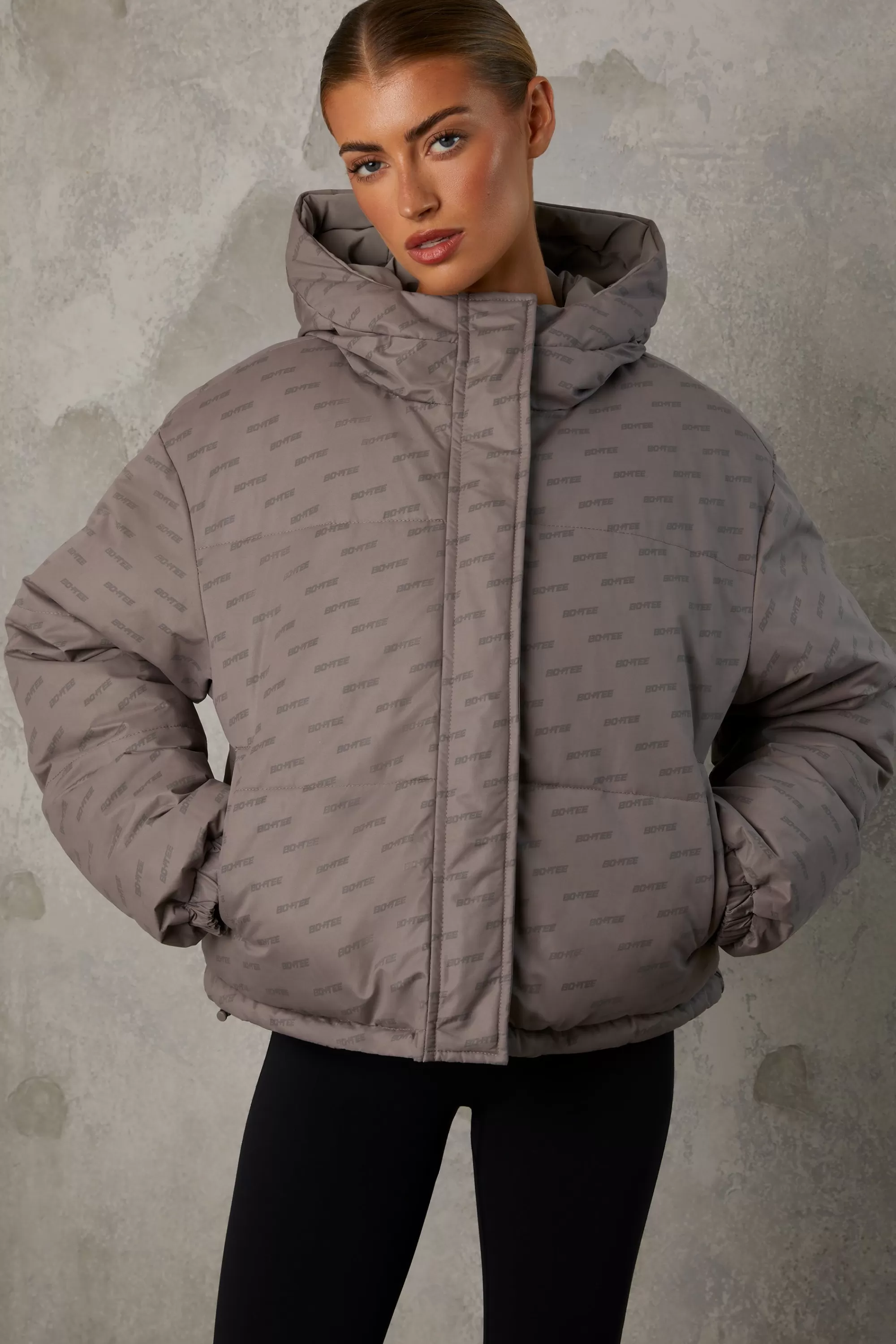 Oh Polly Reversible Hooded Puffer Jacket In Warm Grey Clearance