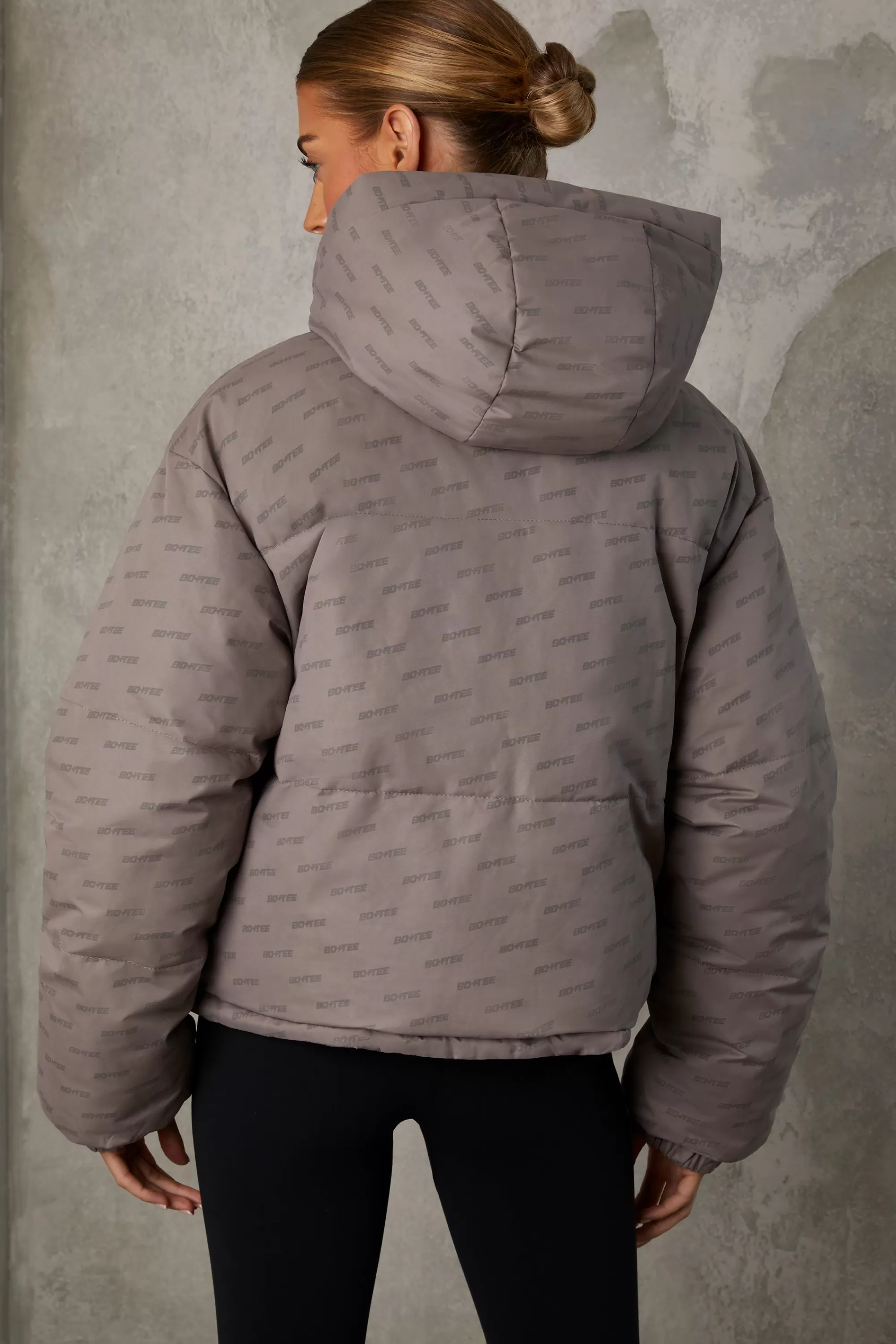 Oh Polly Reversible Hooded Puffer Jacket In Warm Grey Clearance