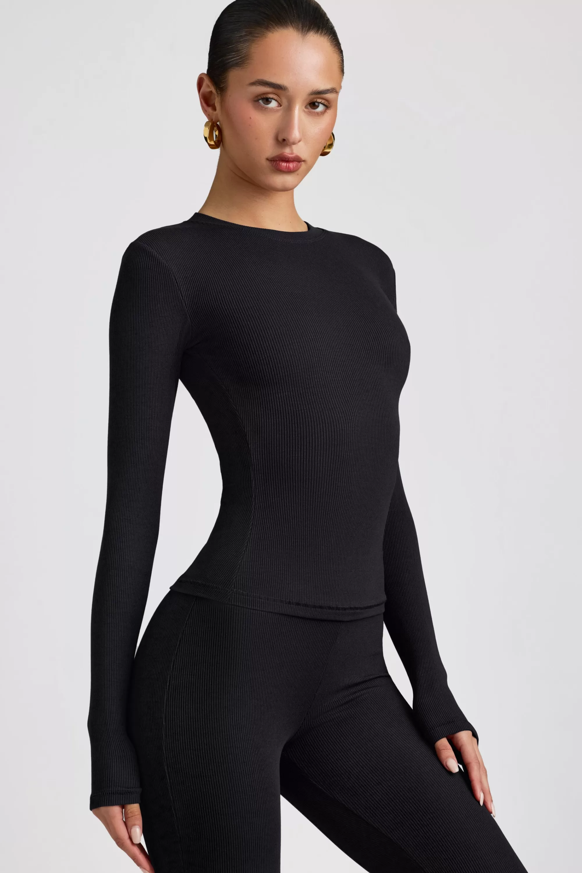 Oh Polly Ribbed Modal Crew Neck Top In Black Hot