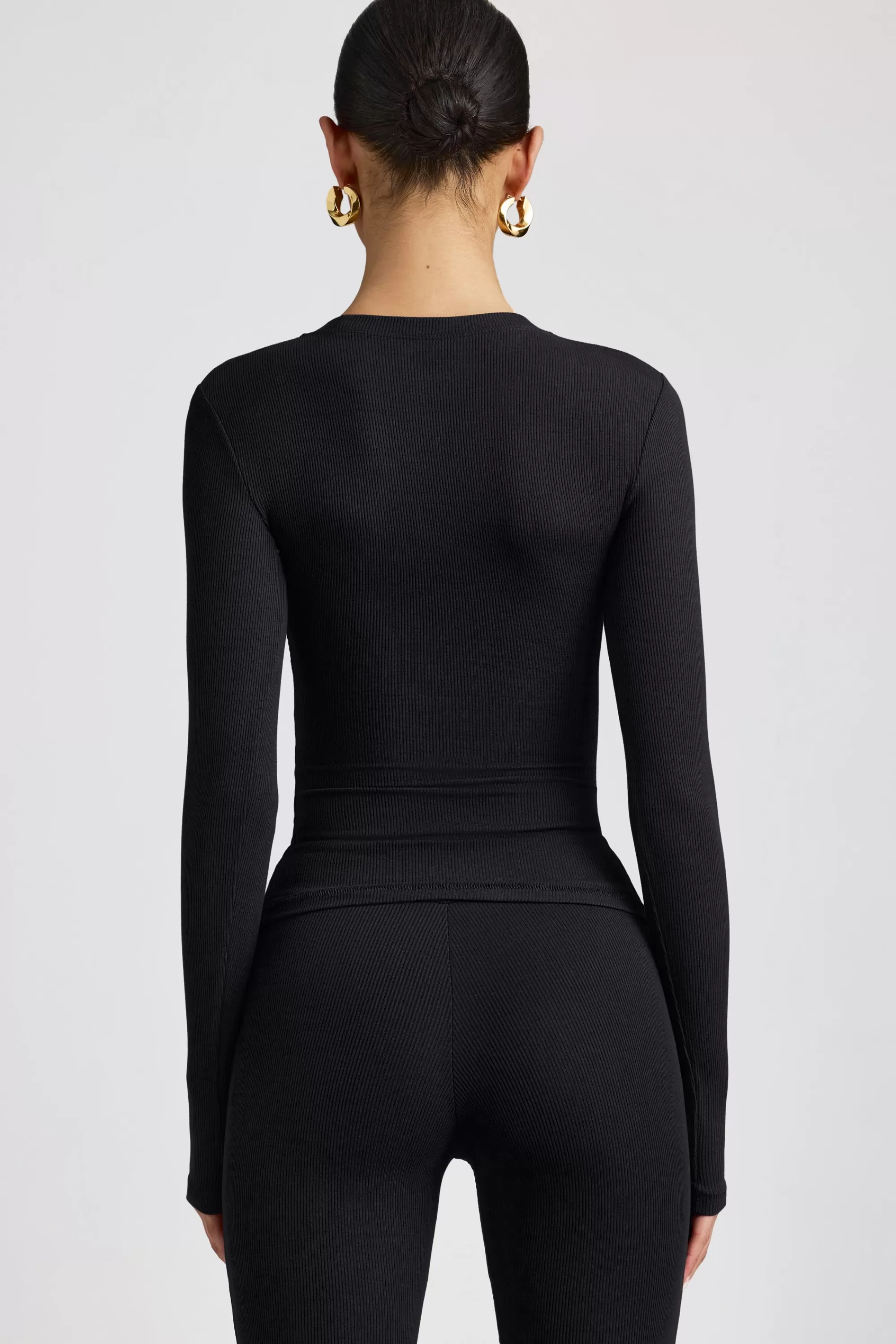 Oh Polly Ribbed Modal Crew Neck Top In Black Hot