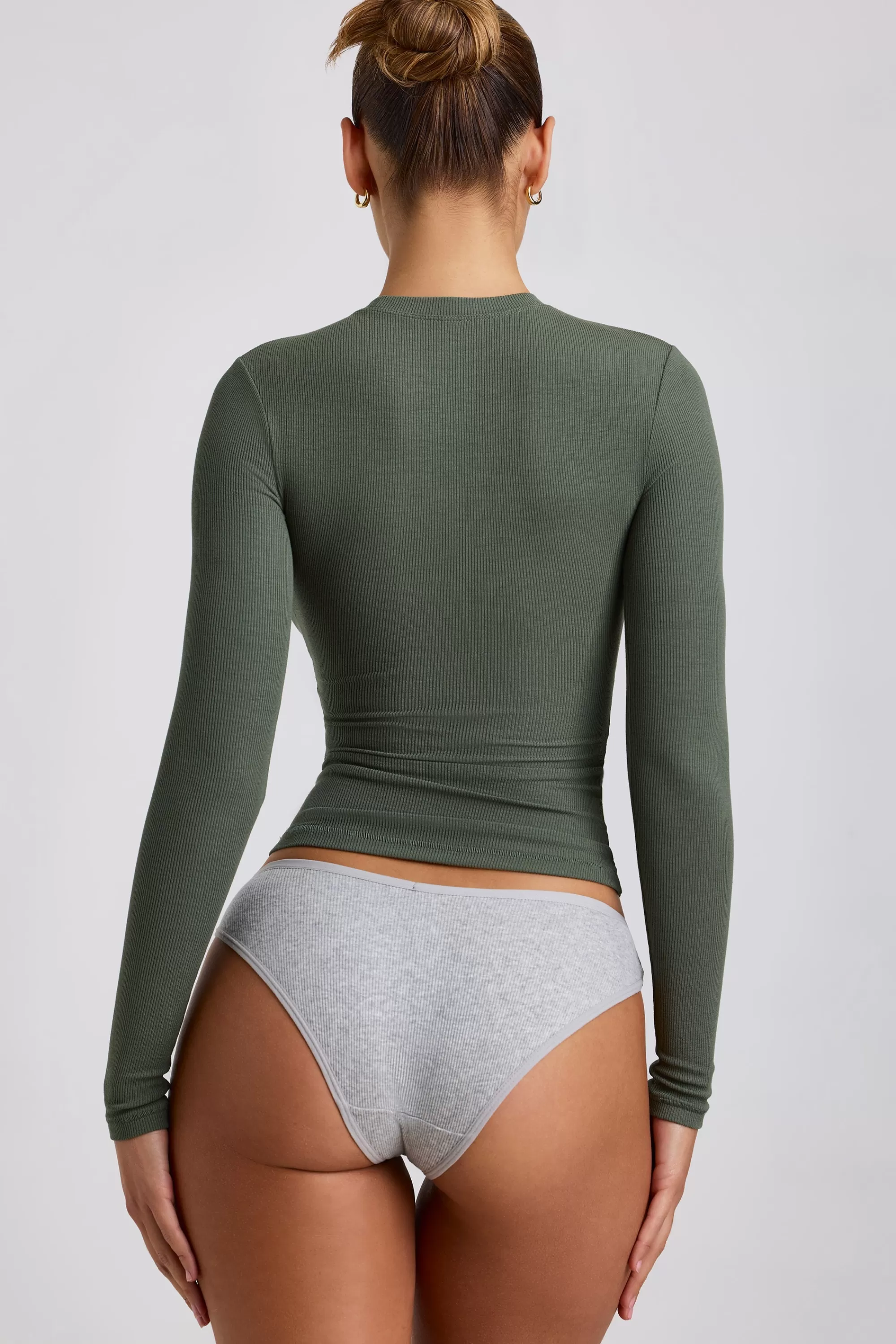 Oh Polly Ribbed Modal Crew Neck Top In Khaki Green Online