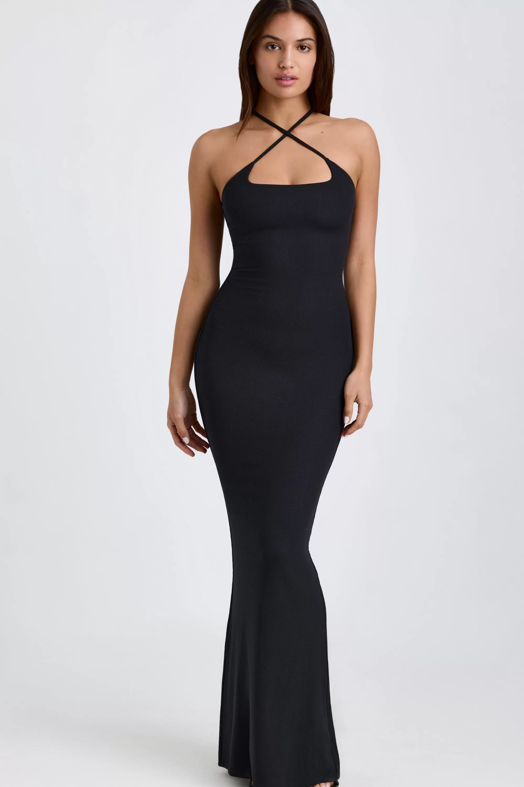 Oh Polly Ribbed Modal Halterneck Maxi Dress In Black Clearance