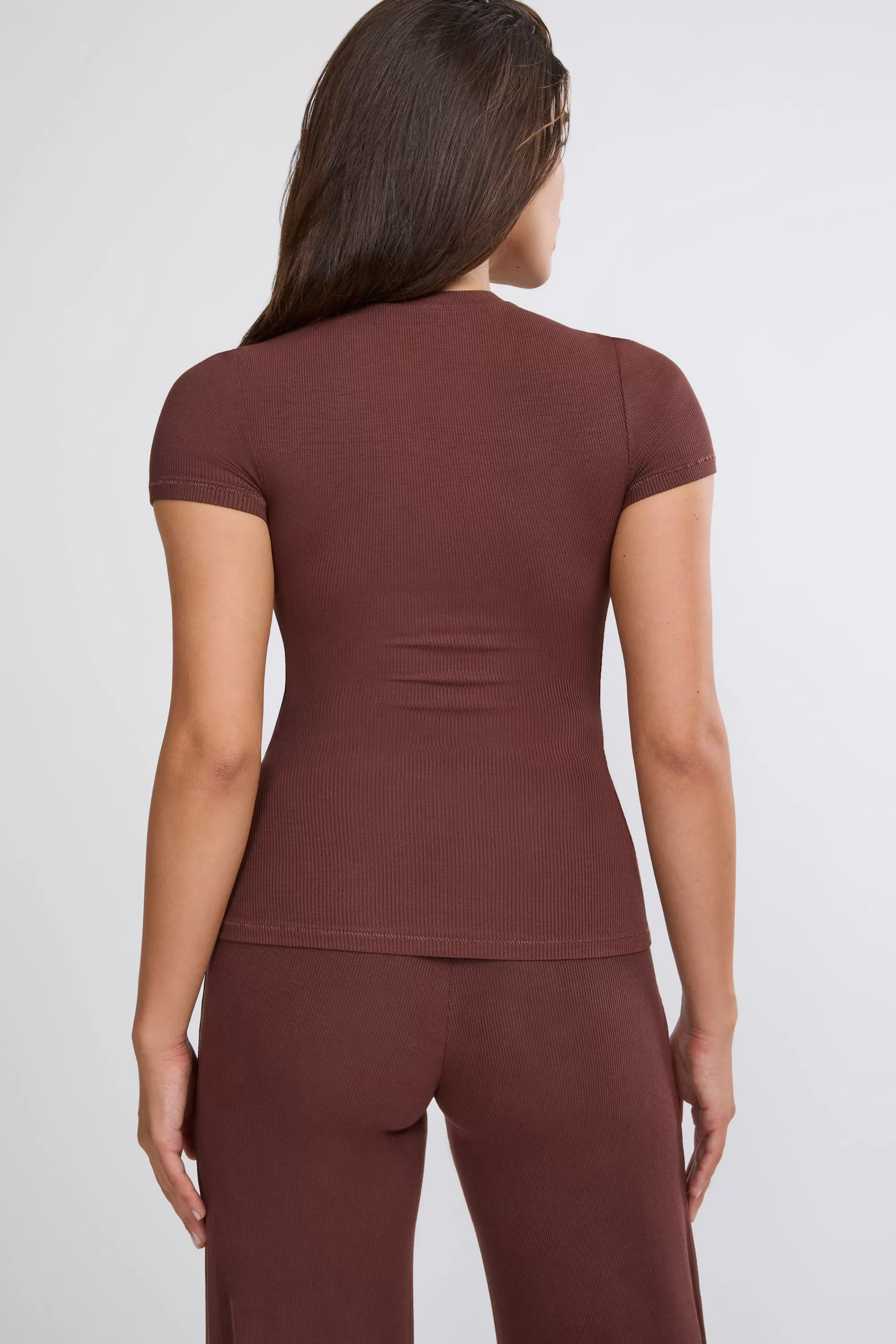 Oh Polly Ribbed Modal High Neck Top In Chocolate Flash Sale