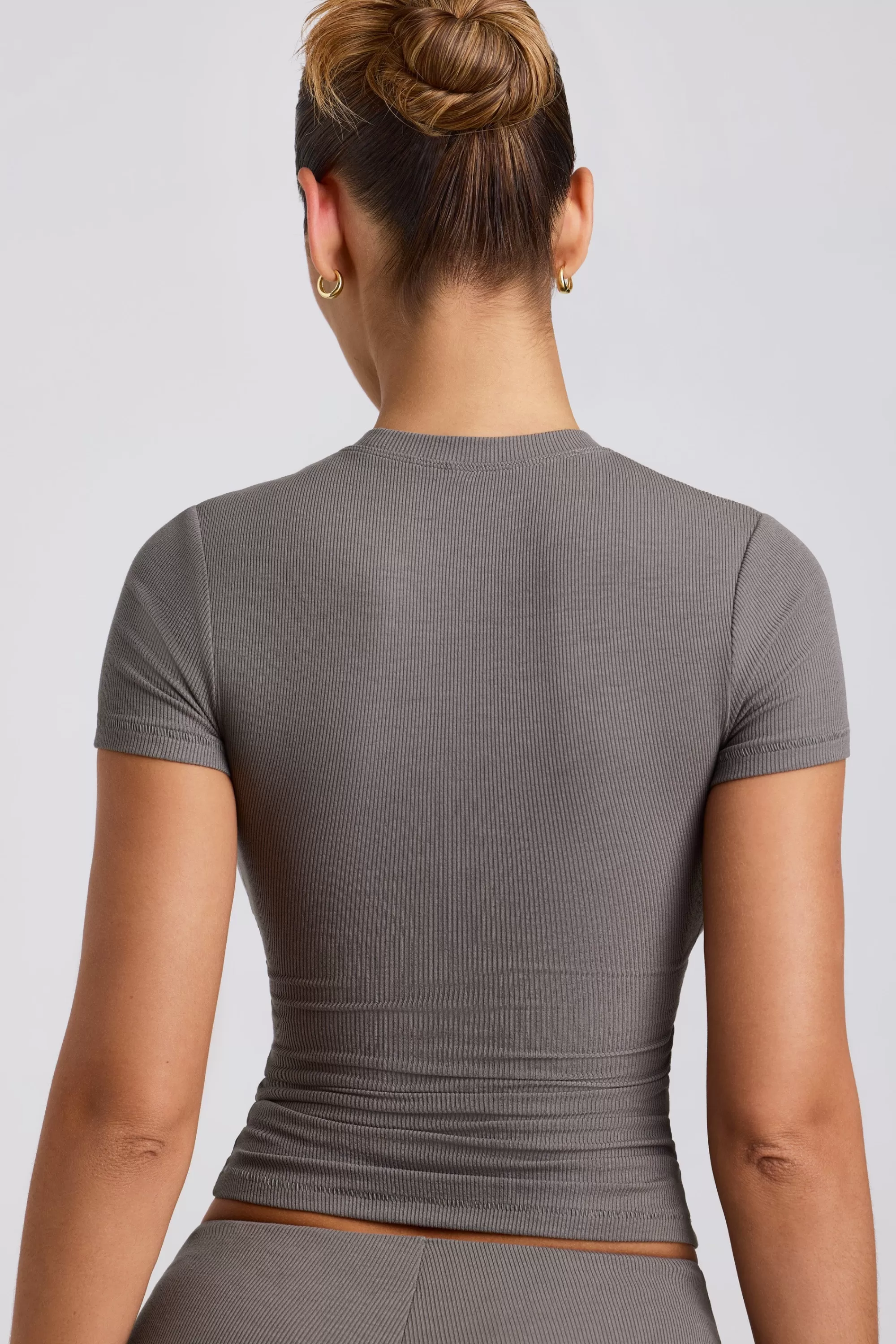 Oh Polly Ribbed Modal High Neck Top In Grey Sale