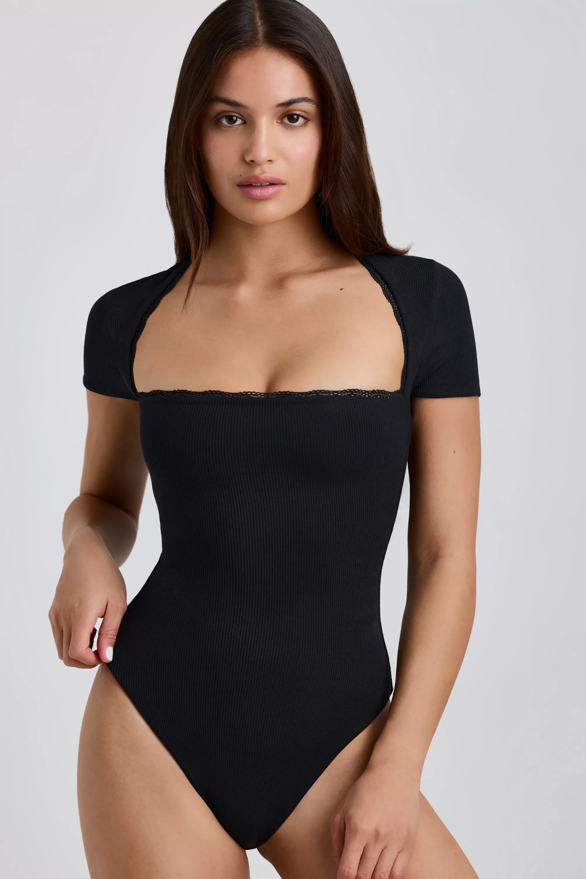 Oh Polly Ribbed Modal Lace-Trim Bodysuit In Black Store