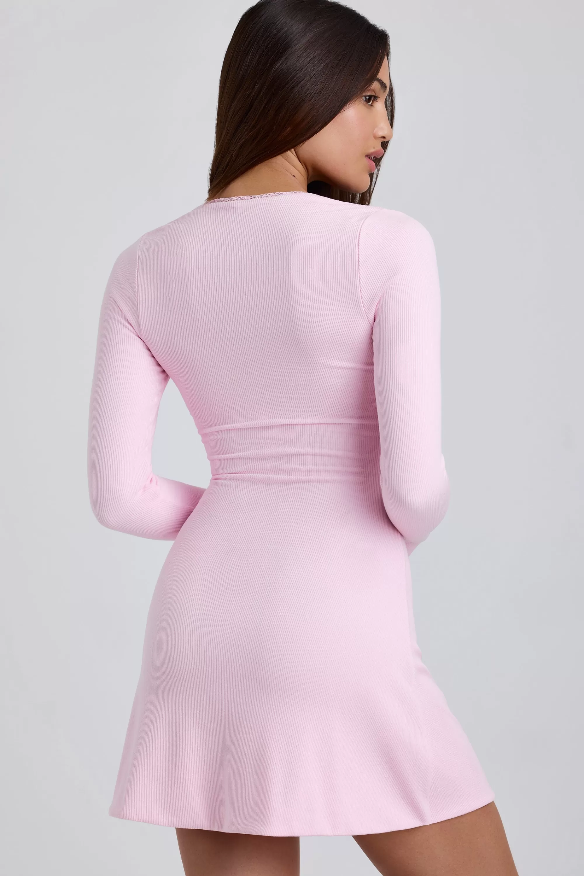 Oh Polly Ribbed Modal Lace-Trim Mini Dress In Blossom Pink Online