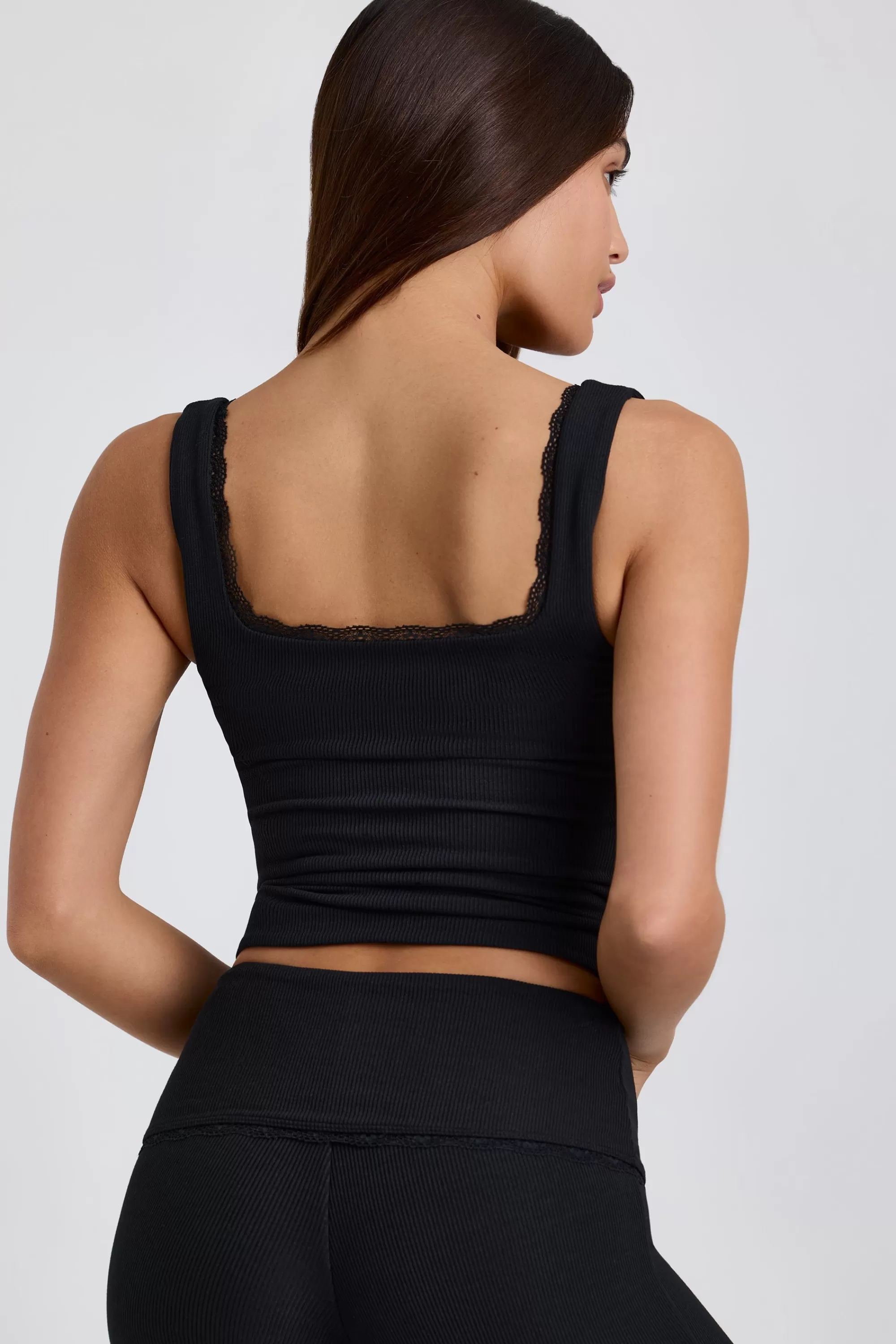 Oh Polly Ribbed Modal Lace-Trim Tank Top In Black Shop