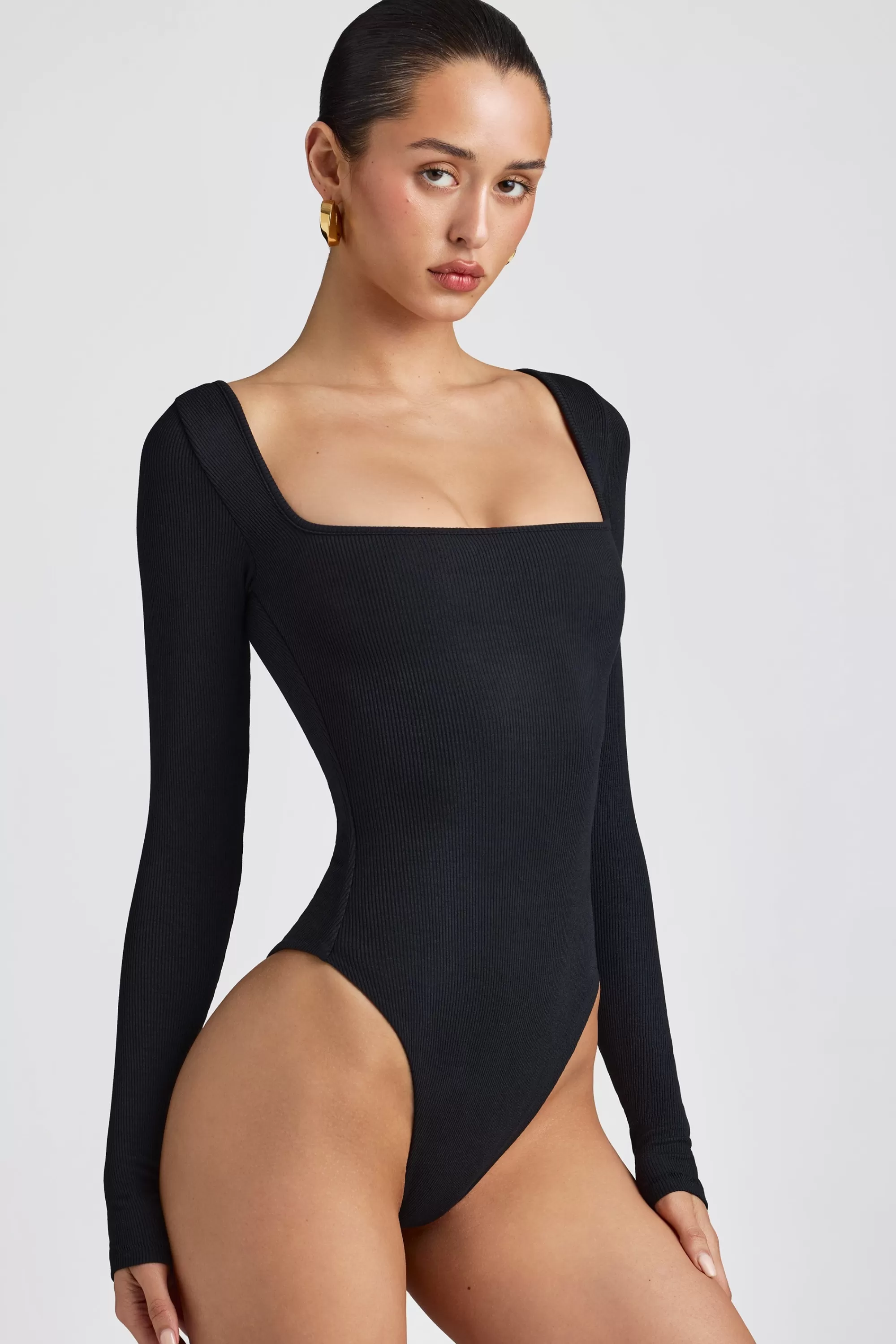 Oh Polly Ribbed Modal Long Sleeve Bodysuit In Black Shop