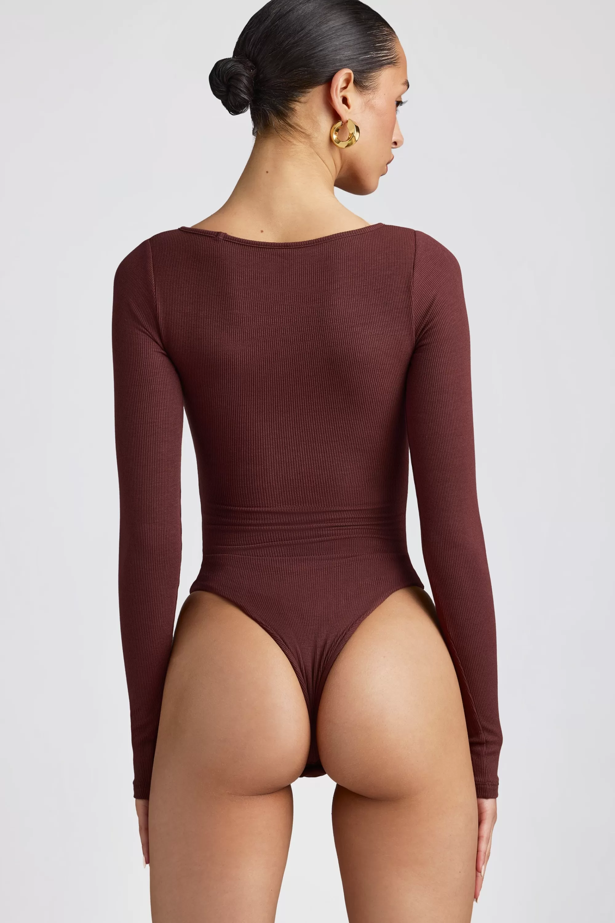 Oh Polly Ribbed Modal Long Sleeve Bodysuit In Espresso Flash Sale