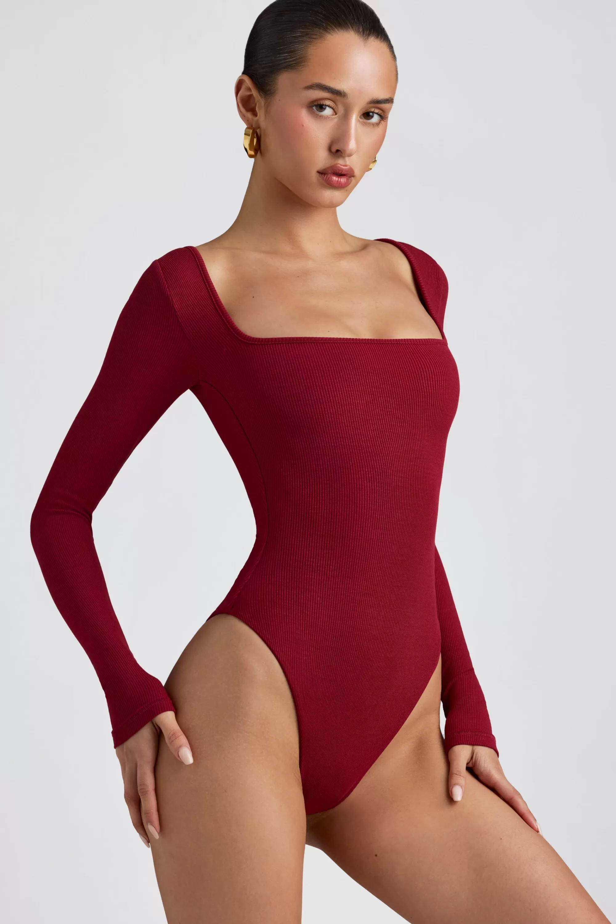 Oh Polly Ribbed Modal Long Sleeve Bodysuit In Maroon Flash Sale