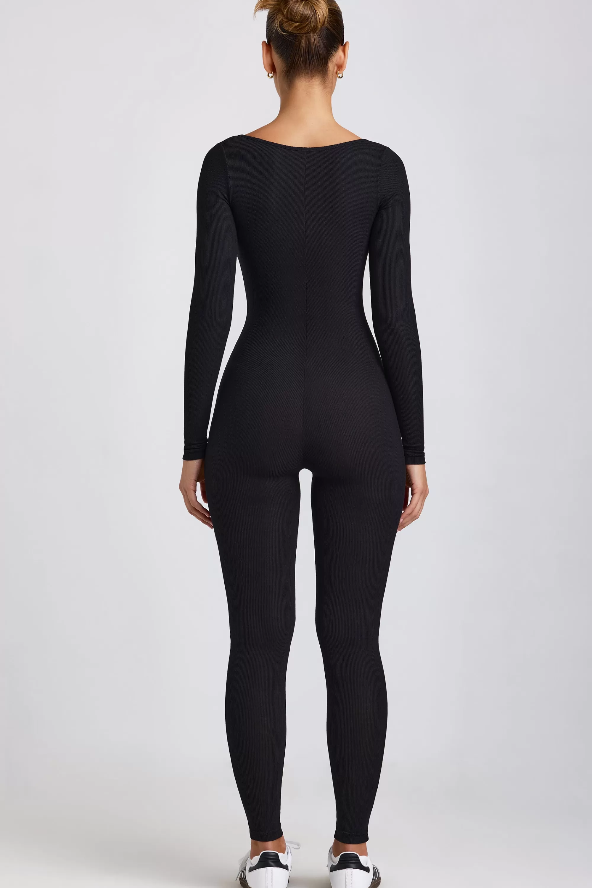 Oh Polly Ribbed Modal Long Sleeve Jumpsuit In Black Best Sale