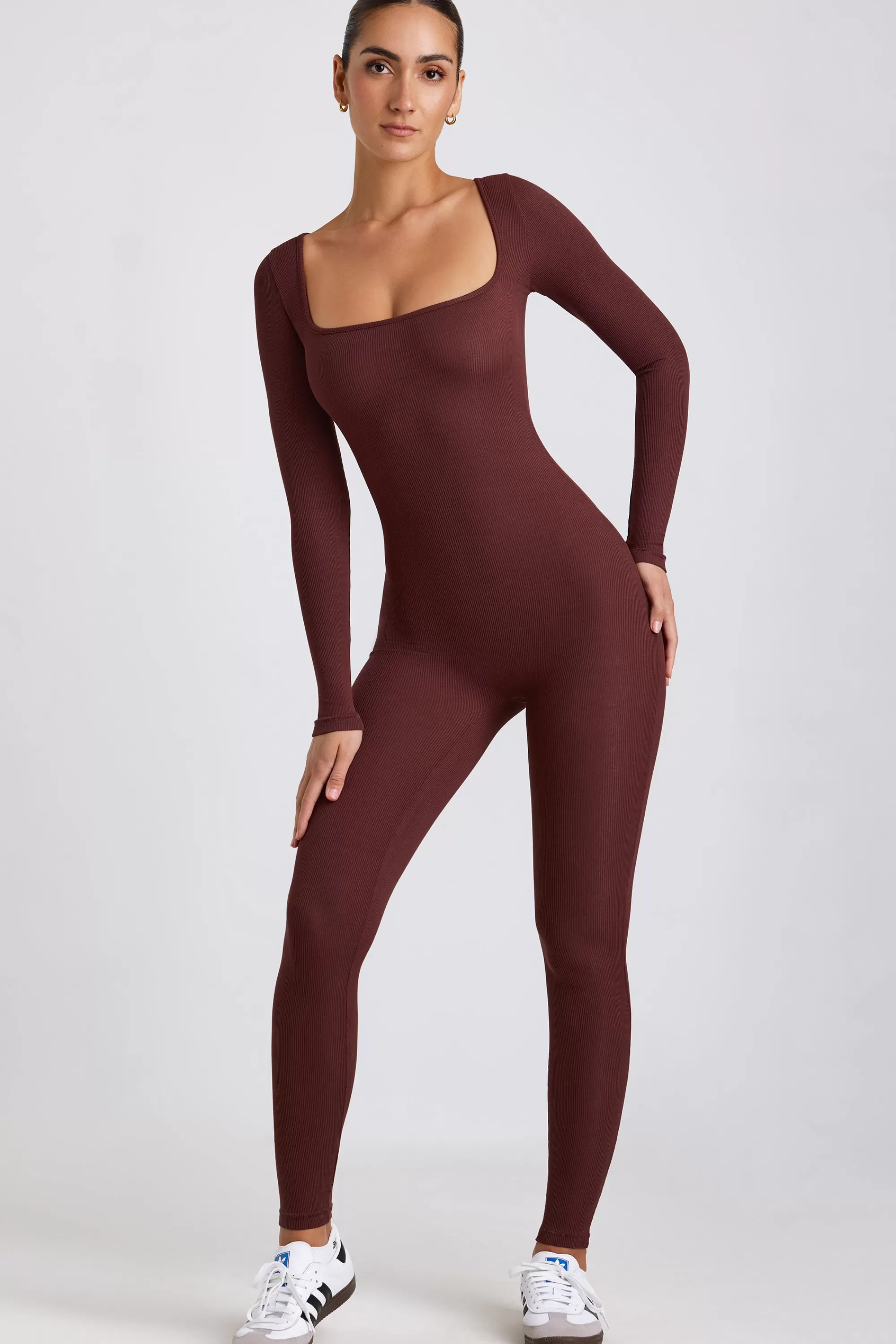 Oh Polly Ribbed Modal Long Sleeve Jumpsuit In Espresso Sale