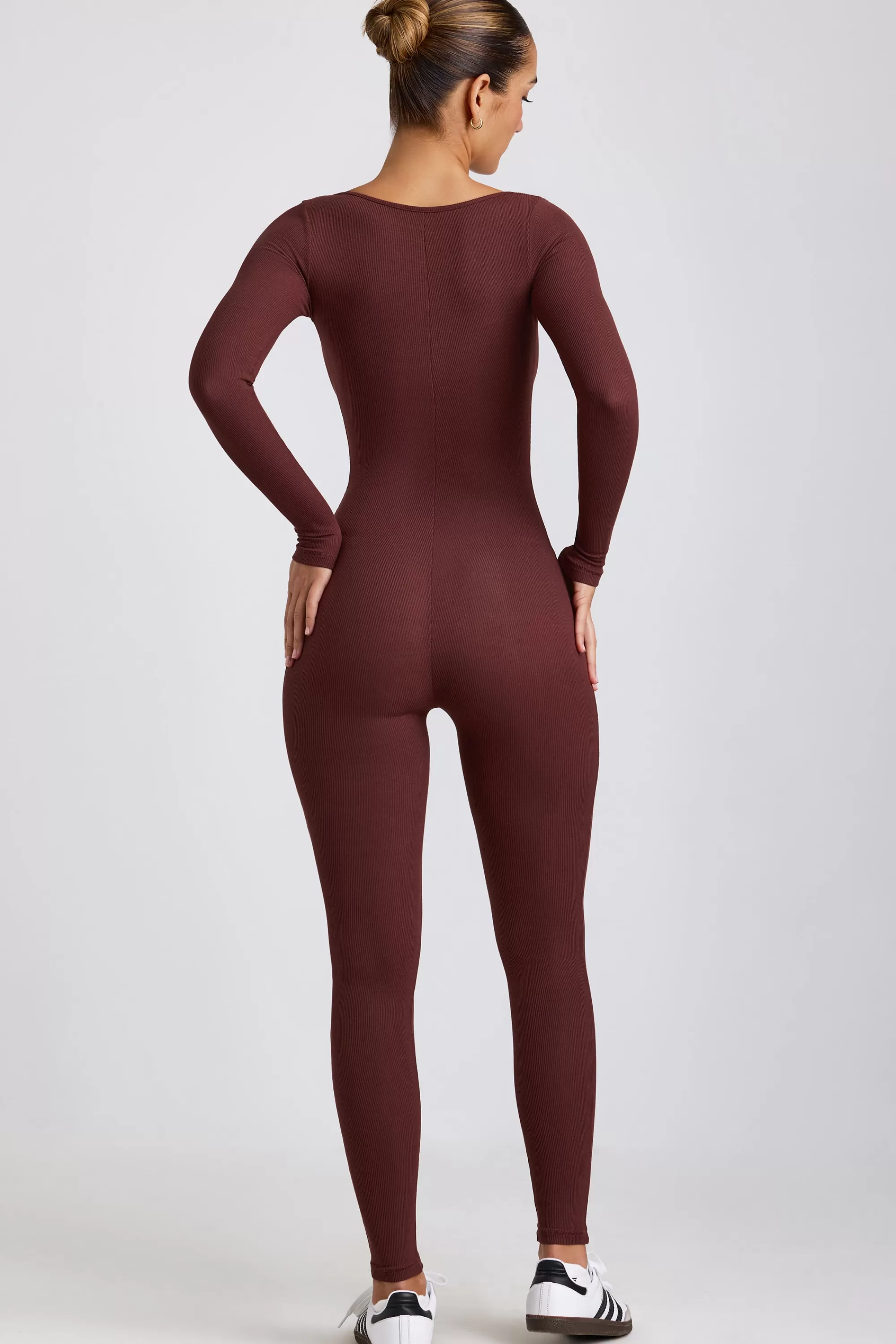 Oh Polly Ribbed Modal Long Sleeve Jumpsuit In Espresso Sale