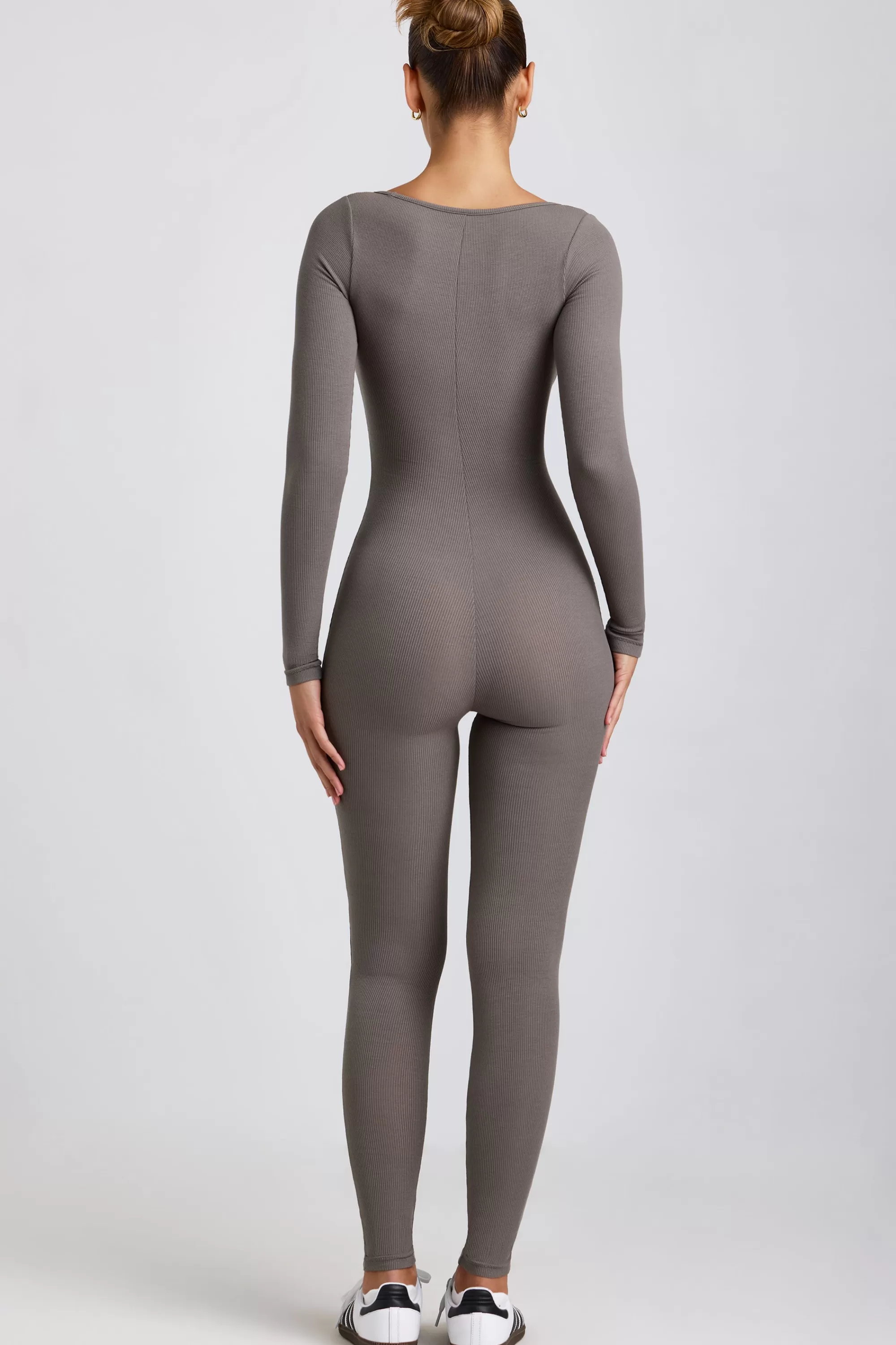 Oh Polly Ribbed Modal Long Sleeve Jumpsuit In Grey Hot