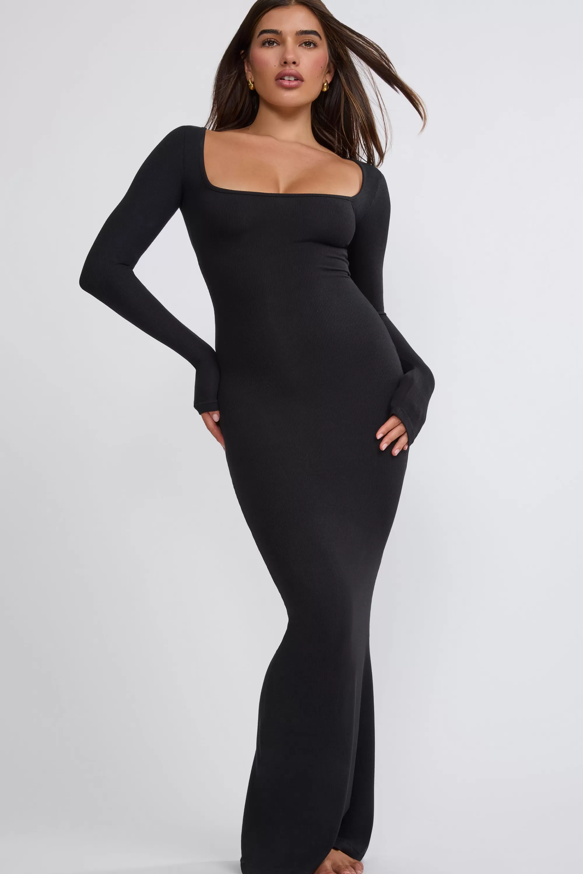 Oh Polly Ribbed Modal Long Sleeve Maxi Dress In Black Store