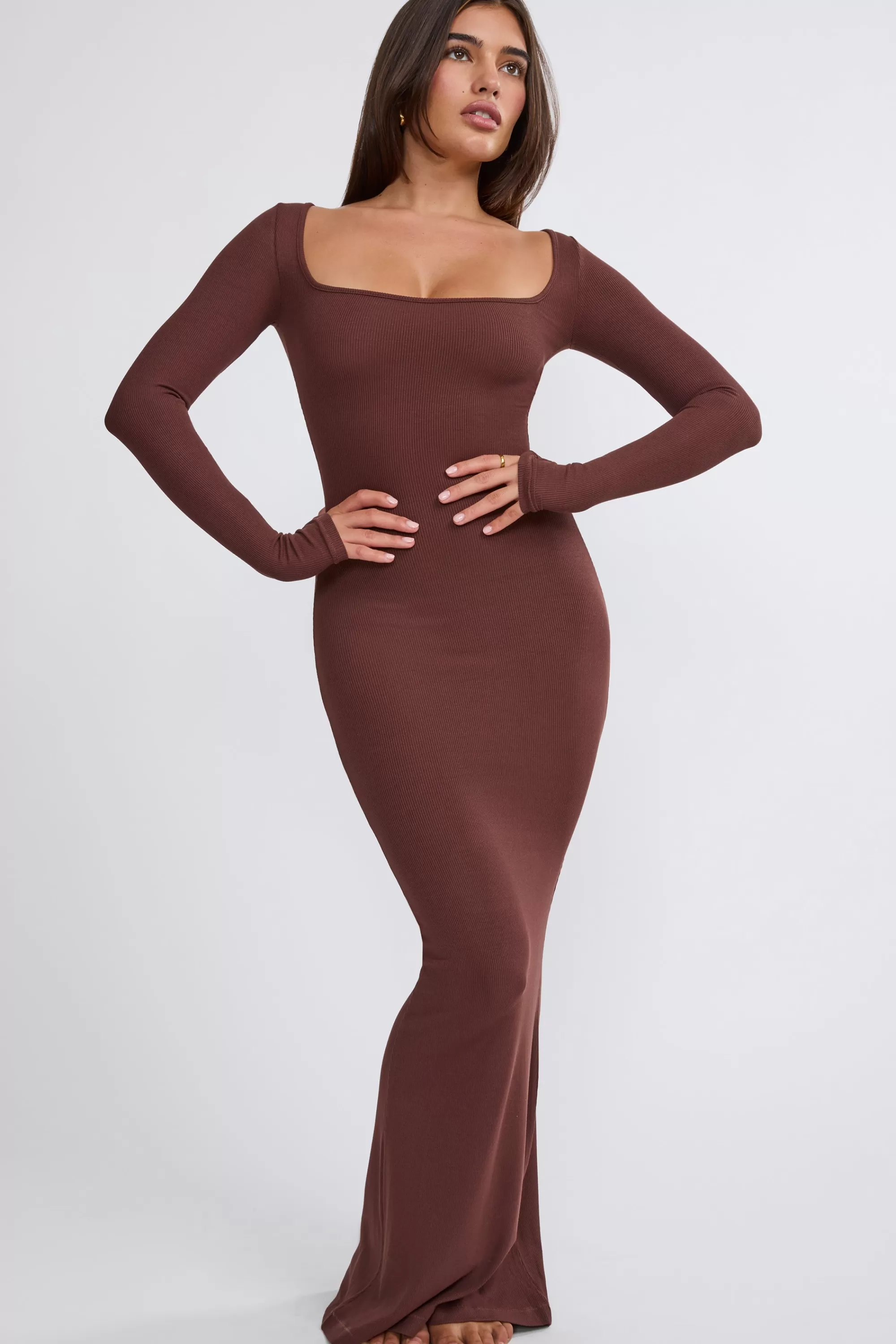 Oh Polly Ribbed Modal Long Sleeve Maxi Dress In Chocolate Sale