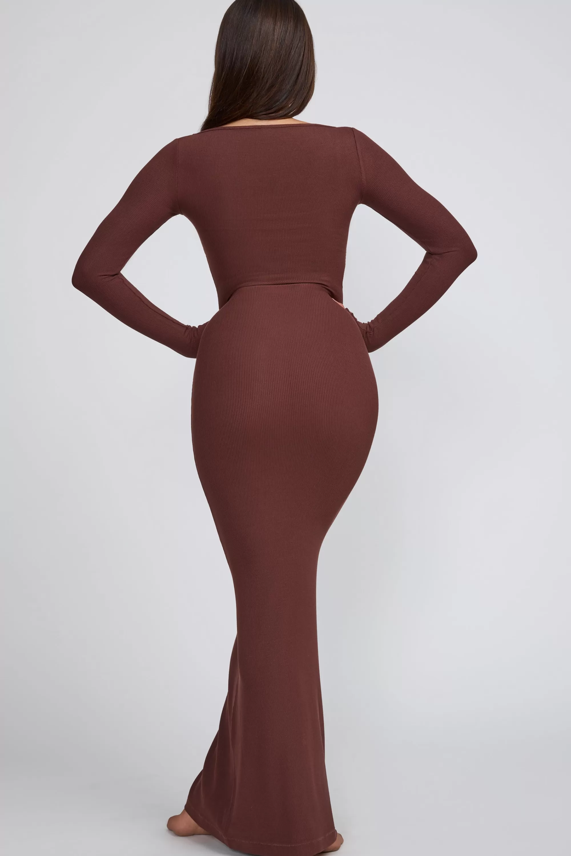 Oh Polly Ribbed Modal Long Sleeve Maxi Dress In Chocolate Sale