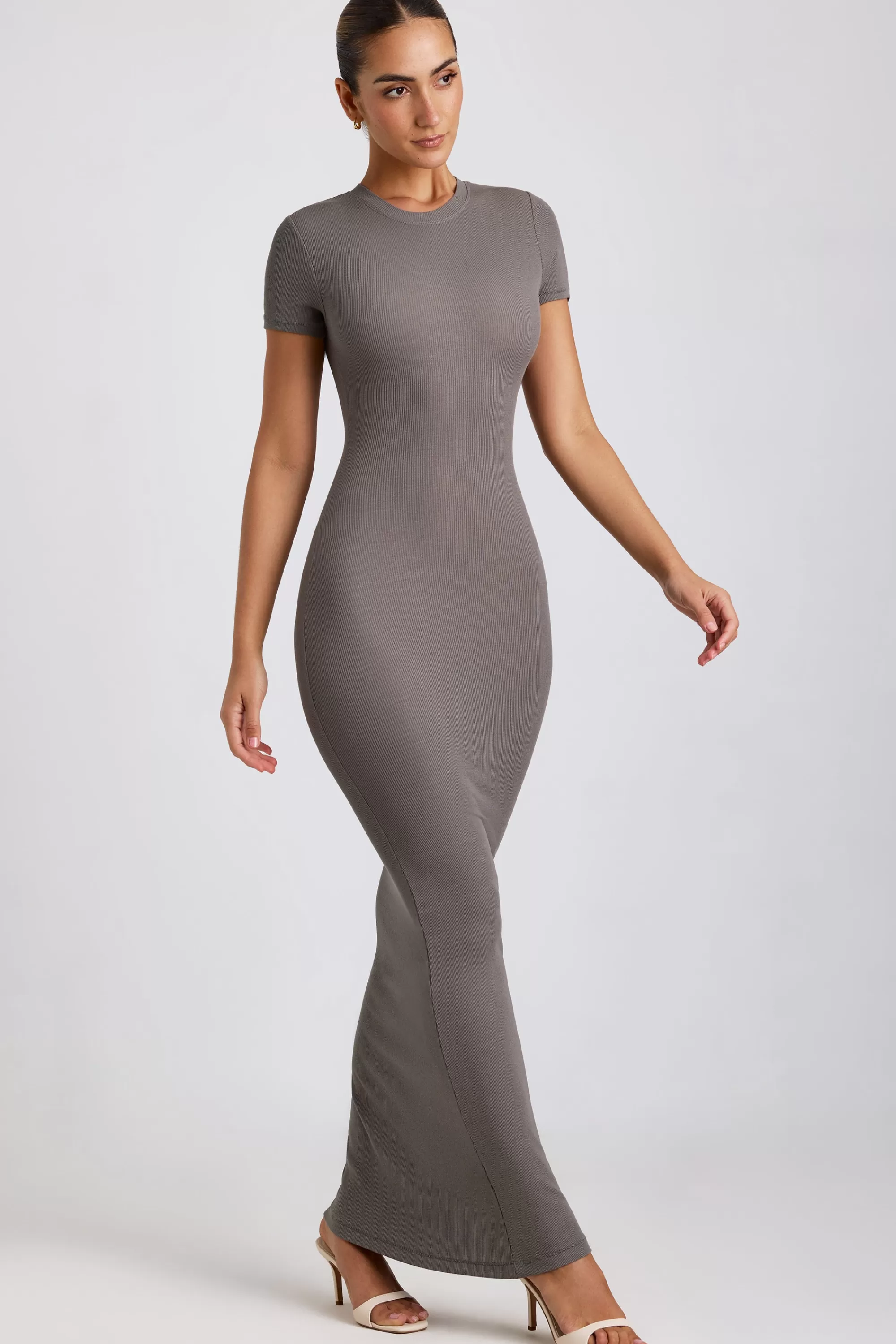 Oh Polly Ribbed Modal Maxi Dress In Grey Outlet