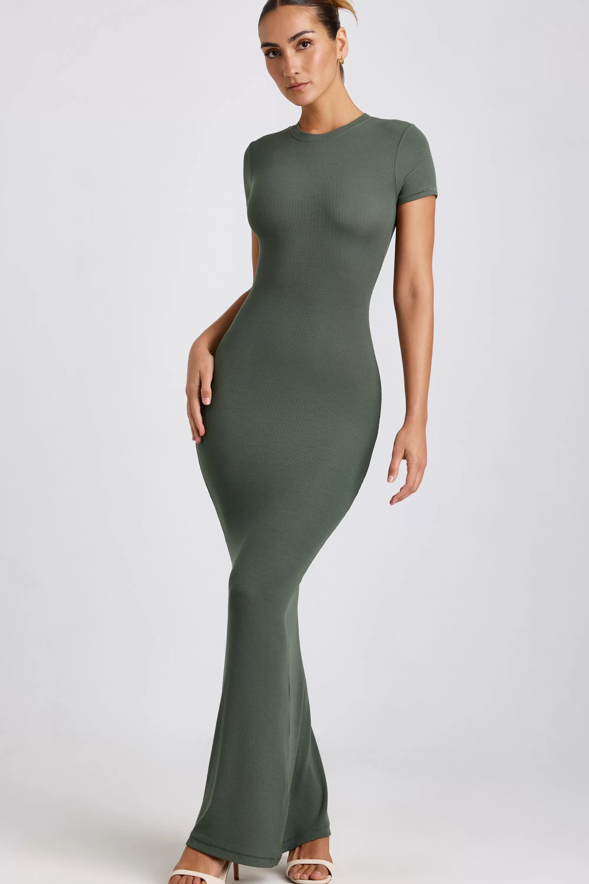 Oh Polly Ribbed Modal Maxi Dress In Khaki Green Store